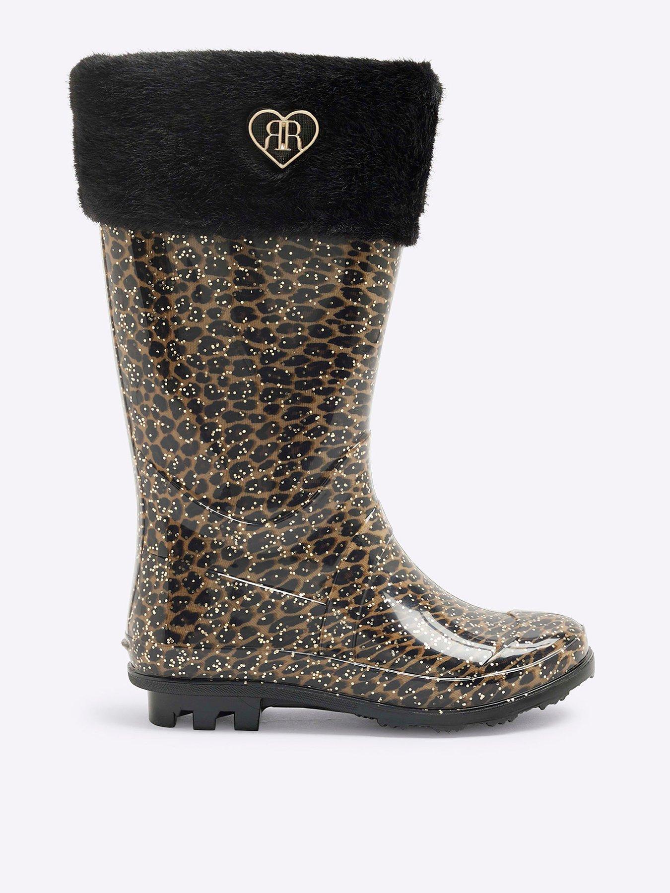 River Island Girls Faux Fur Cuff Leopard Wellies Brown Very