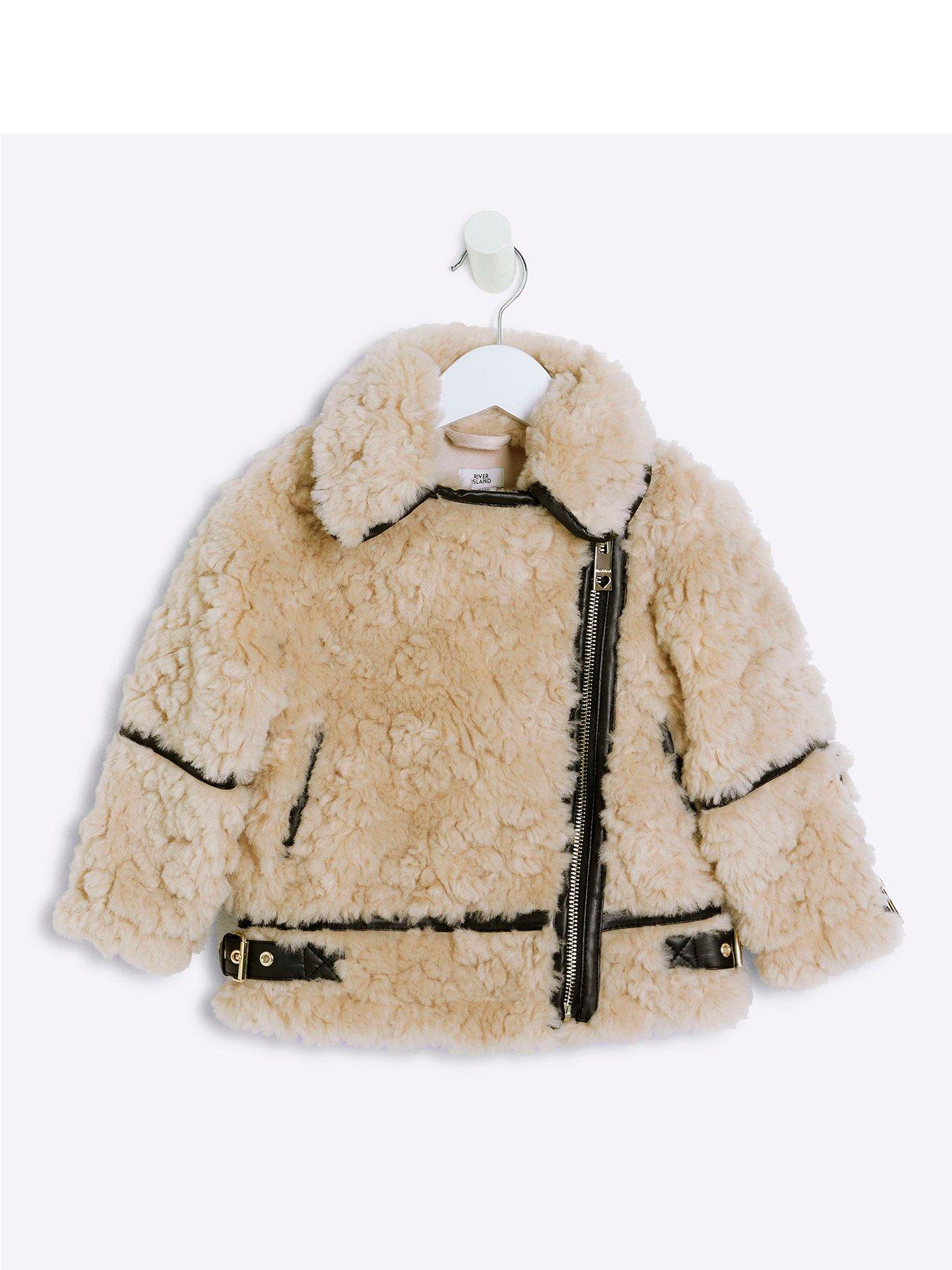 Mini Girl Borg Aviator Coat Cream