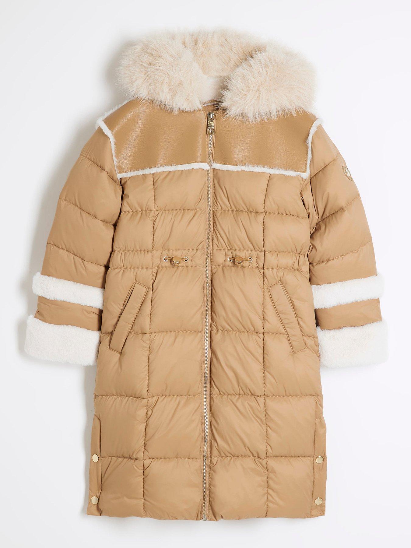 River Island Older Girl Faux Fur Trim Puffer Coat Beige Very