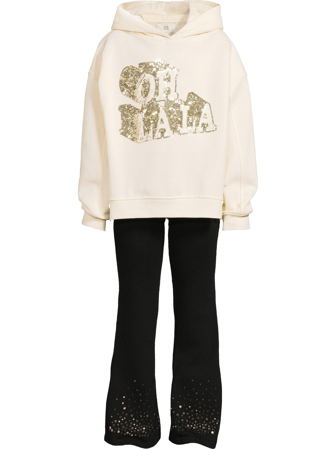 undefined Girls Sequin Oh La La Hoodie Set - Cream