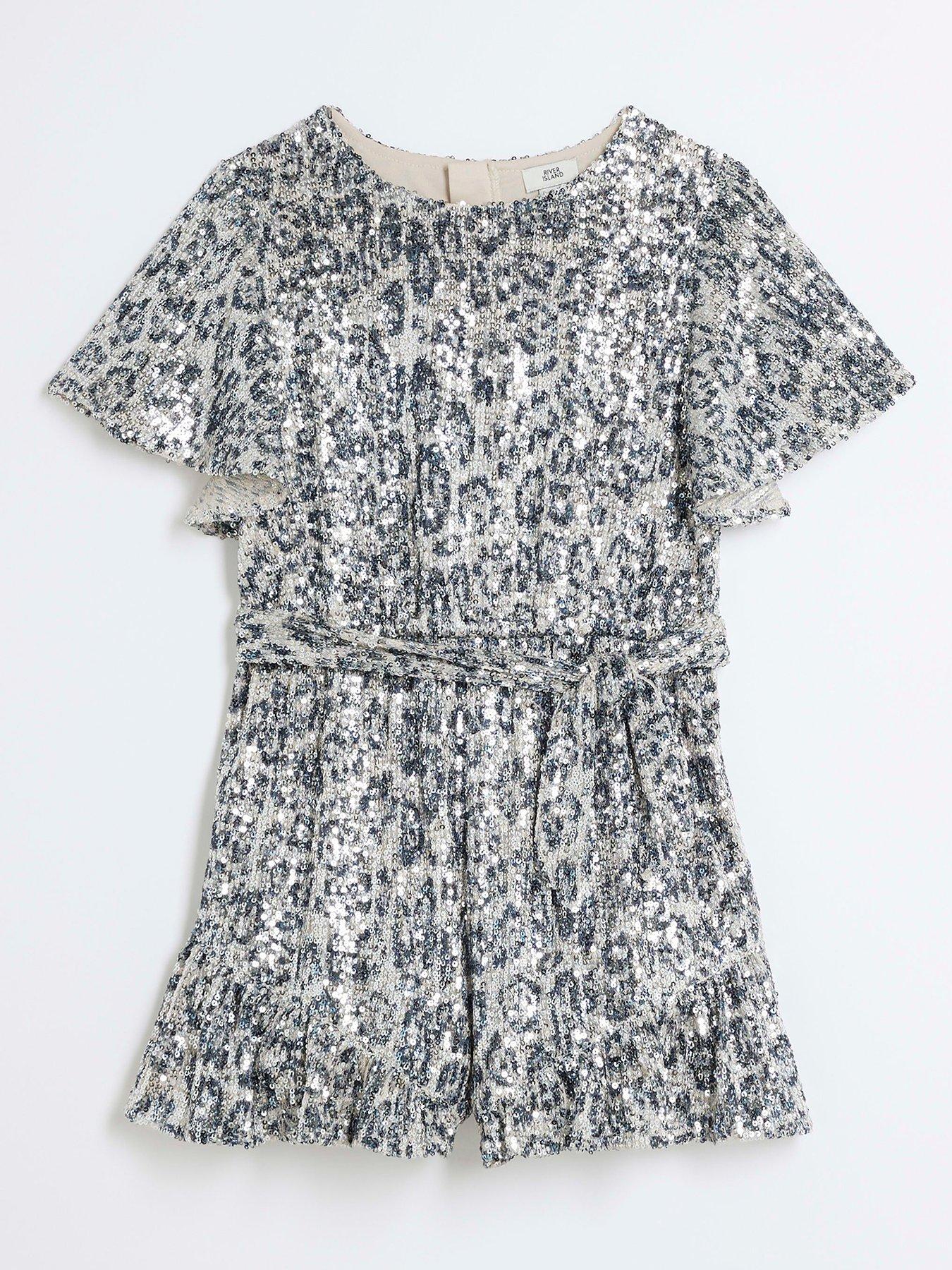 undefined Girls Sequin Animal Print Playsuit - Silver