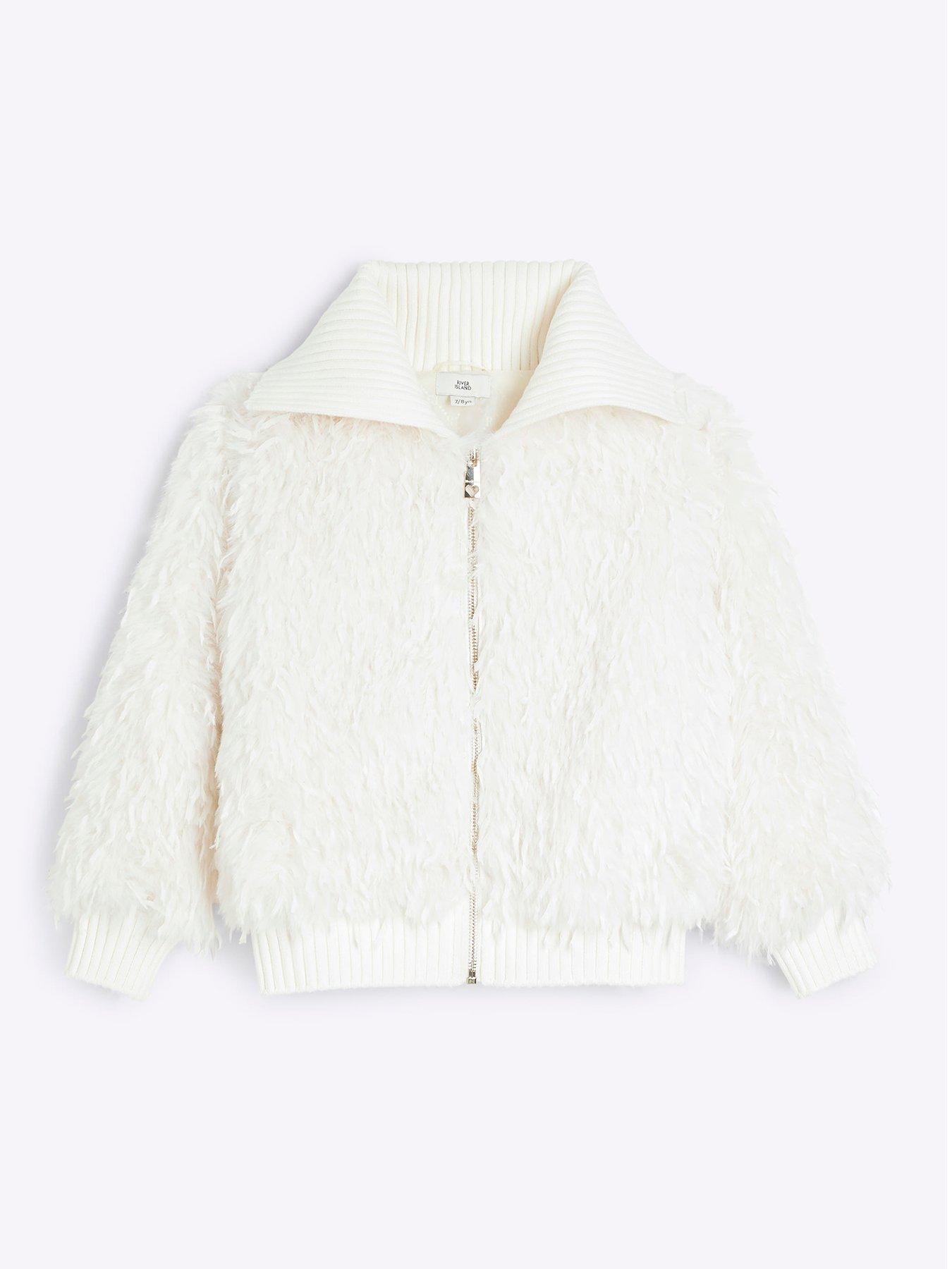 undefined Girls Shaggy Faux Fur Bomber Jacket - Cream