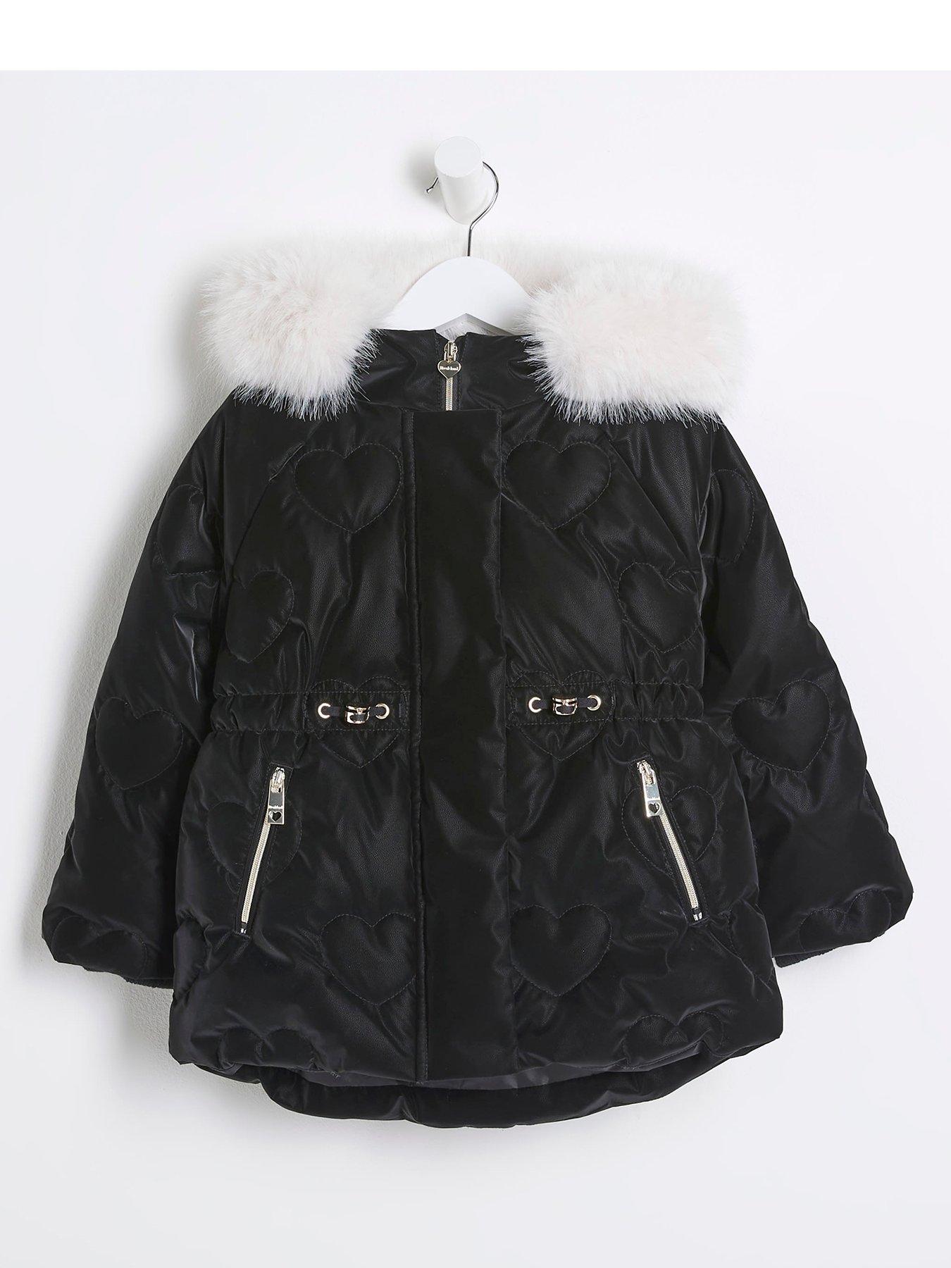 undefined Mini Girls Padded Heart Faux Fur Coat - Black
