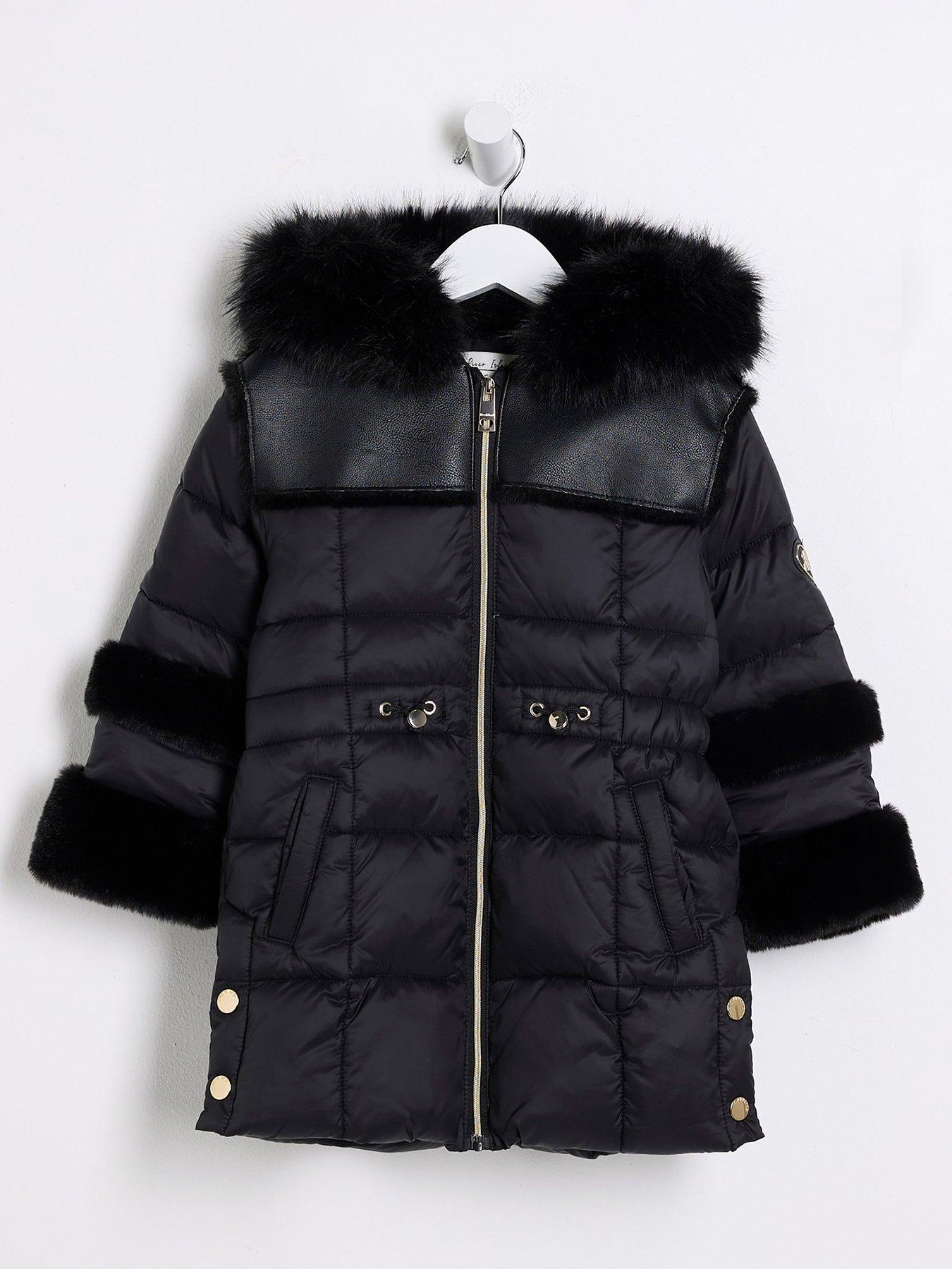 undefined Mini Girl Fur Cuff Puffer Coat - Black