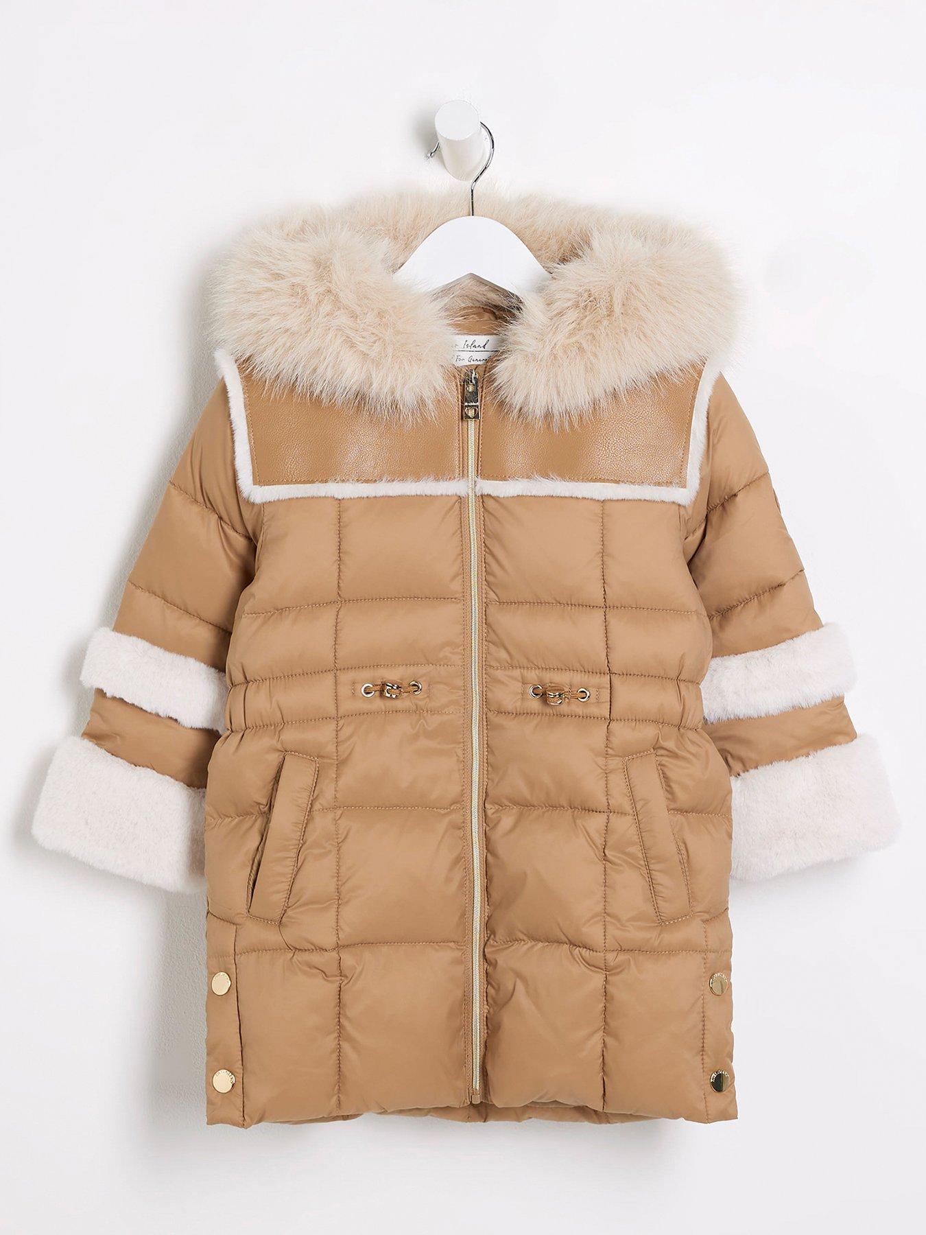 undefined Mini Girl Fur Cuff Puffer Coat - Beige