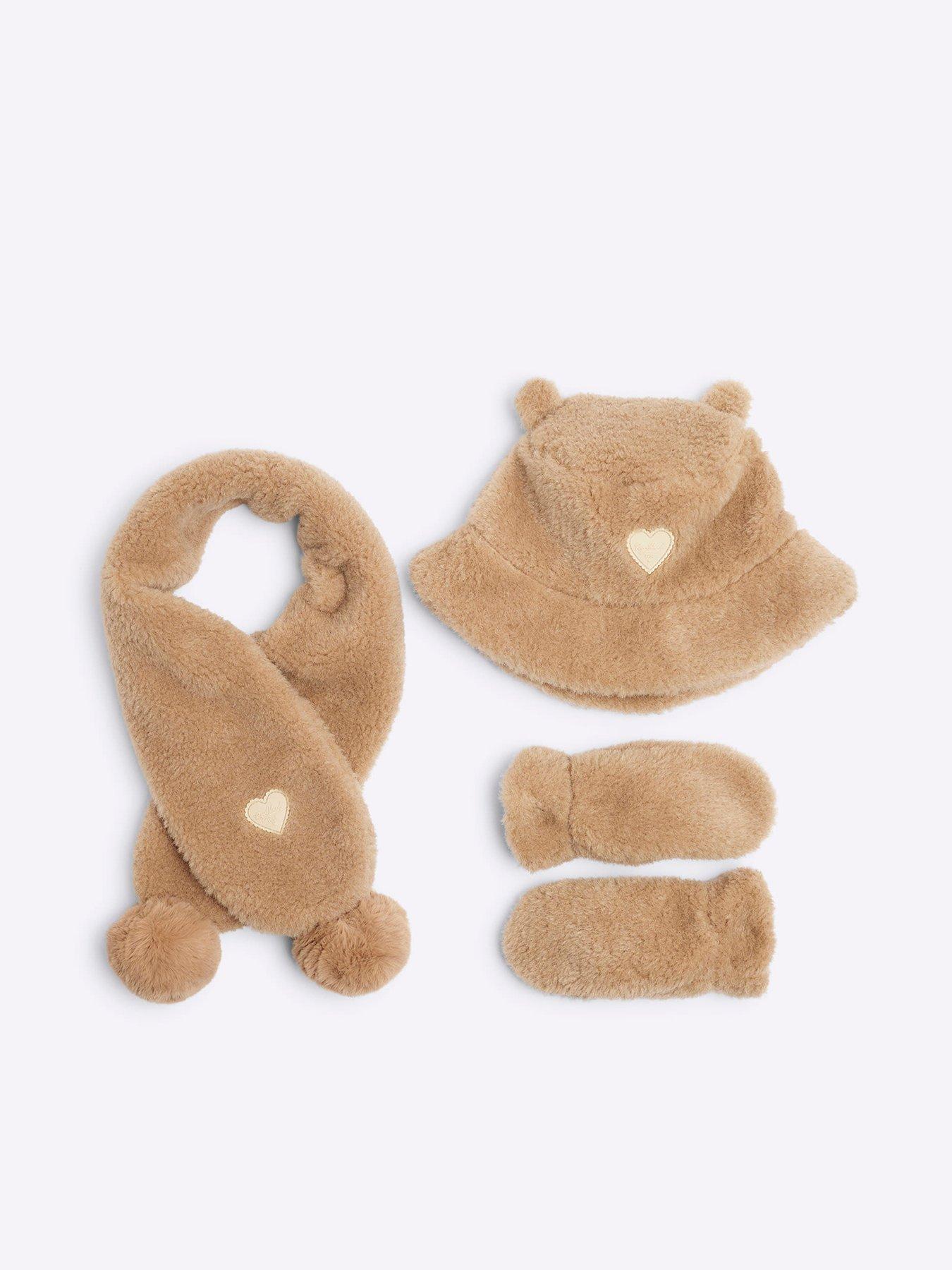 River Island Mini Mini Girl Borg Hat Scarf Mittens Set Beige Very