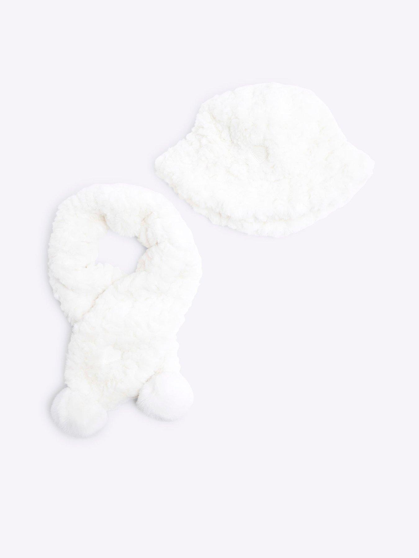 undefined Mini Girl Faux Fur Bucket Hat Set - Cream