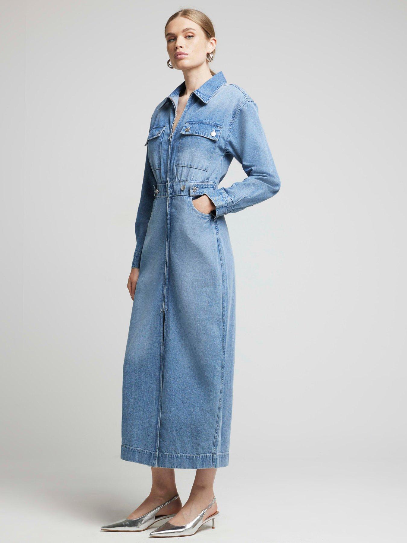Denim Utility Midi Dress Blue