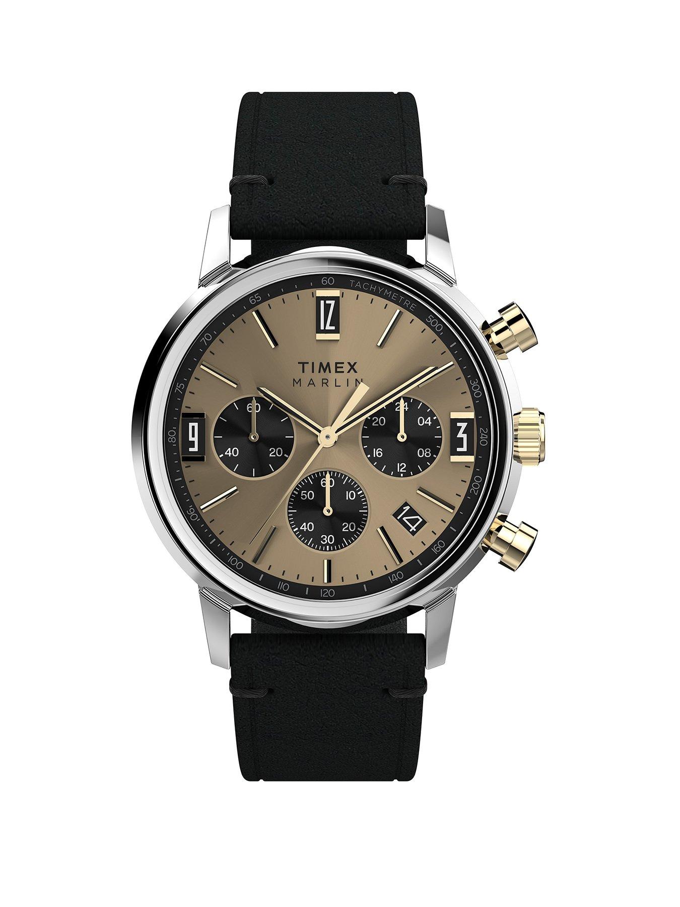 Product photograph of Timex Marlin Quartz Chrono 40mm Sst Case Champagne Dial Black Leather Strap from very.co.uk