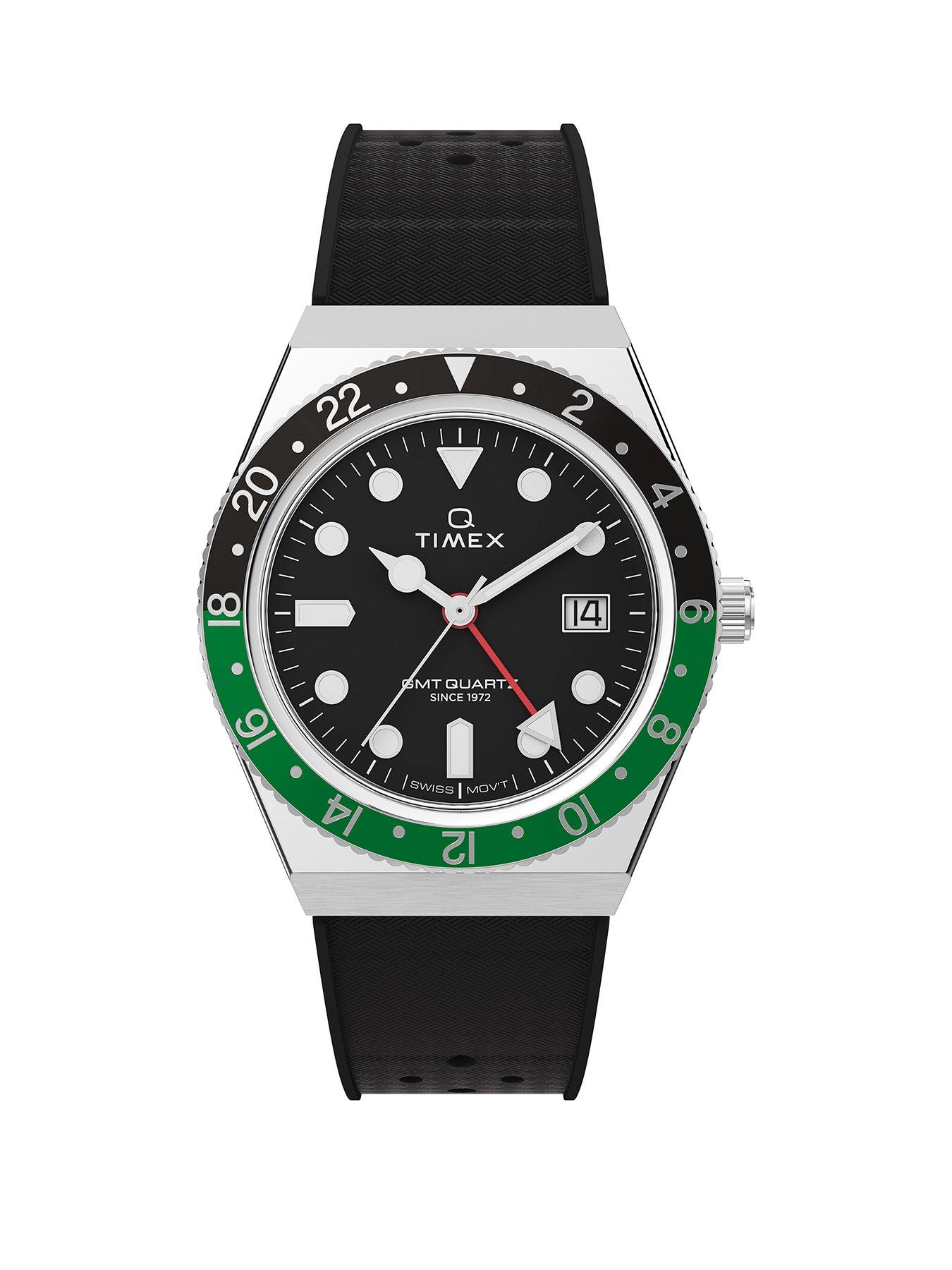 Product photograph of Timex Mens Q Gmt 38mm Sst Case Black Dial Green Accent Black Synthetic Rubber Strap from very.co.uk