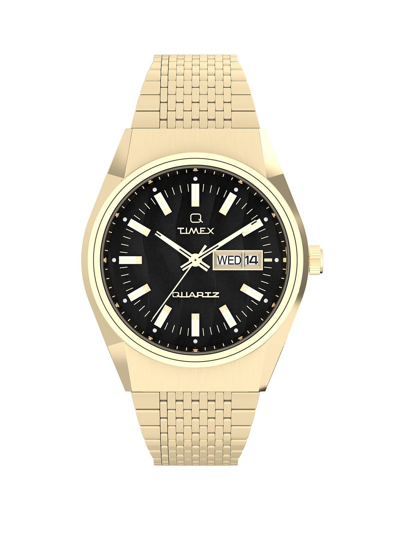 Product photograph of Timex Q Falcon Eye Gold Tone Black Dial from very.co.uk