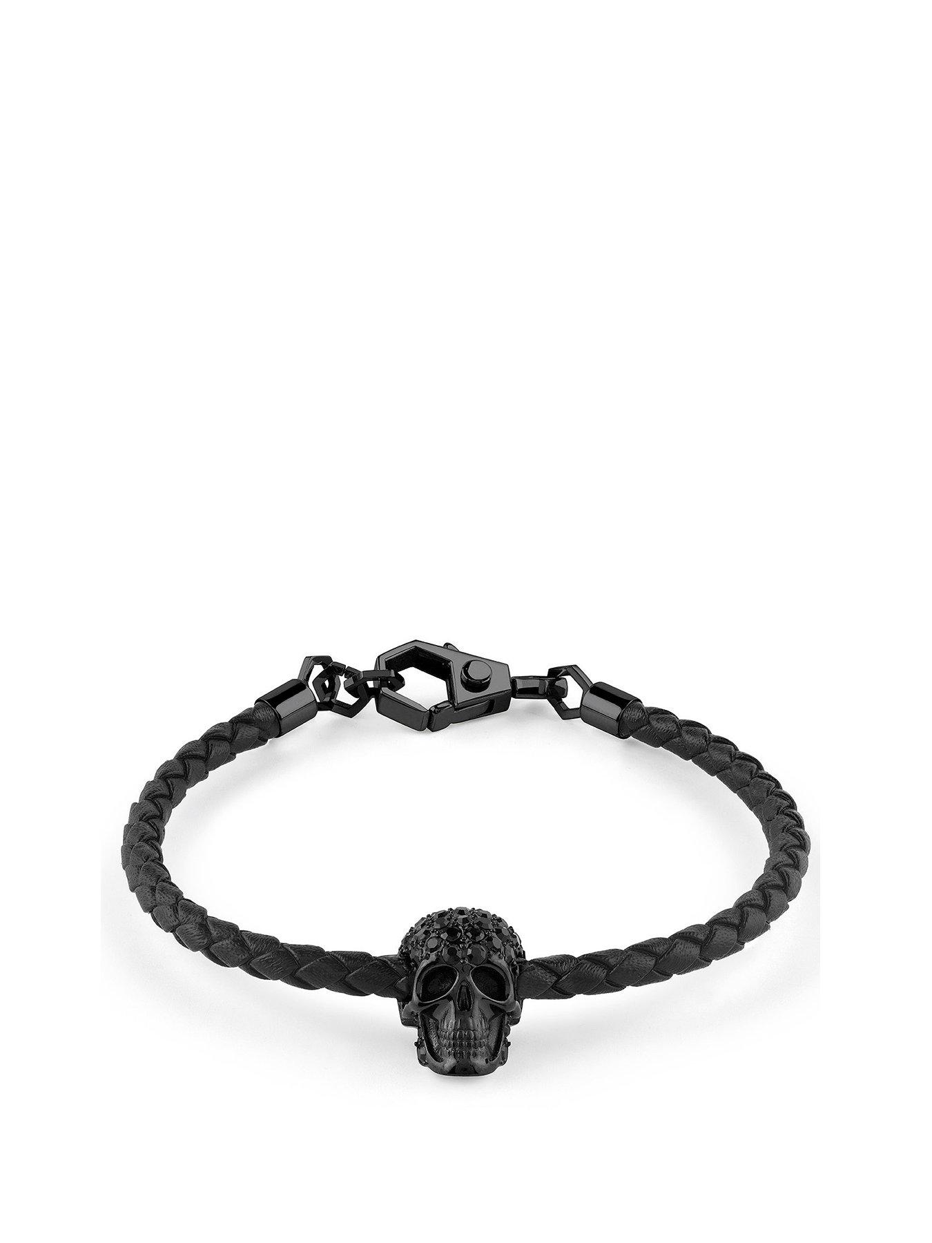 Product photograph of Philipp Plein Plein Elite Ip Black Crystal Skull Leather Bracelet from very.co.uk