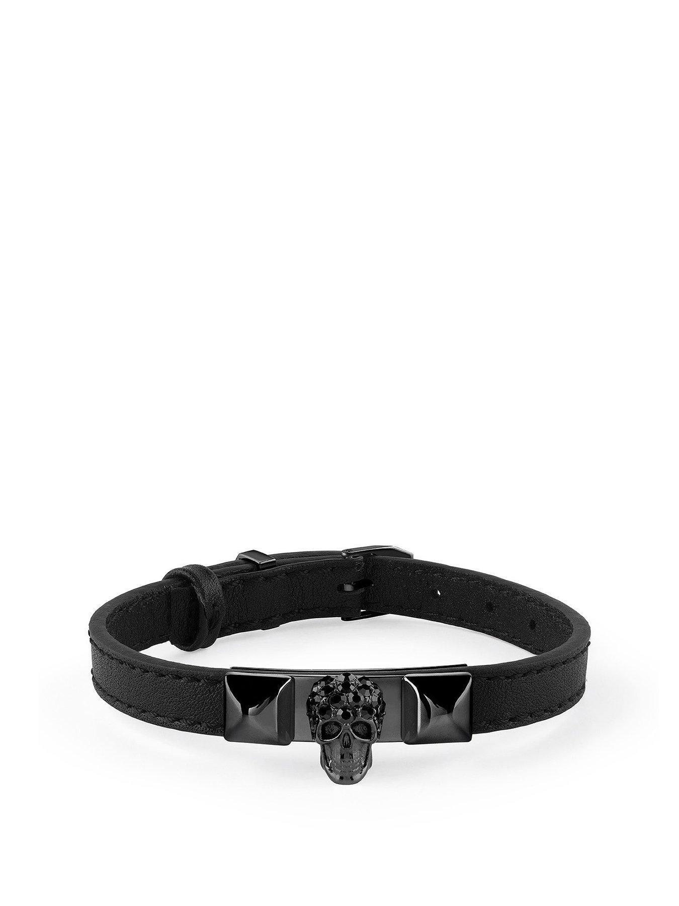 Product photograph of Philipp Plein Plein Enigma Ip Black Crystal Skull Black Leather Bracelet from very.co.uk