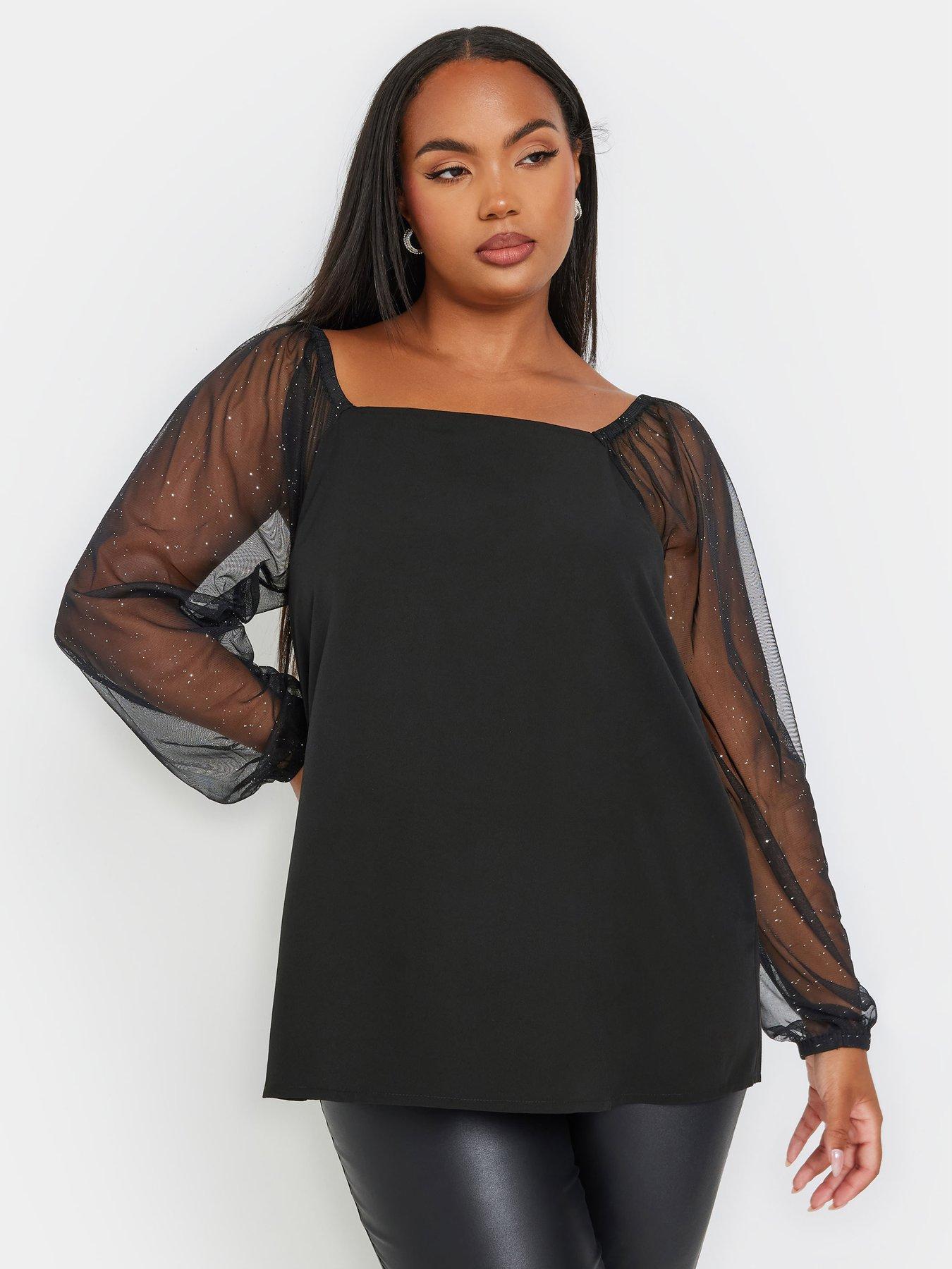 Yours Curve Square Neck Glitter Top - Black
