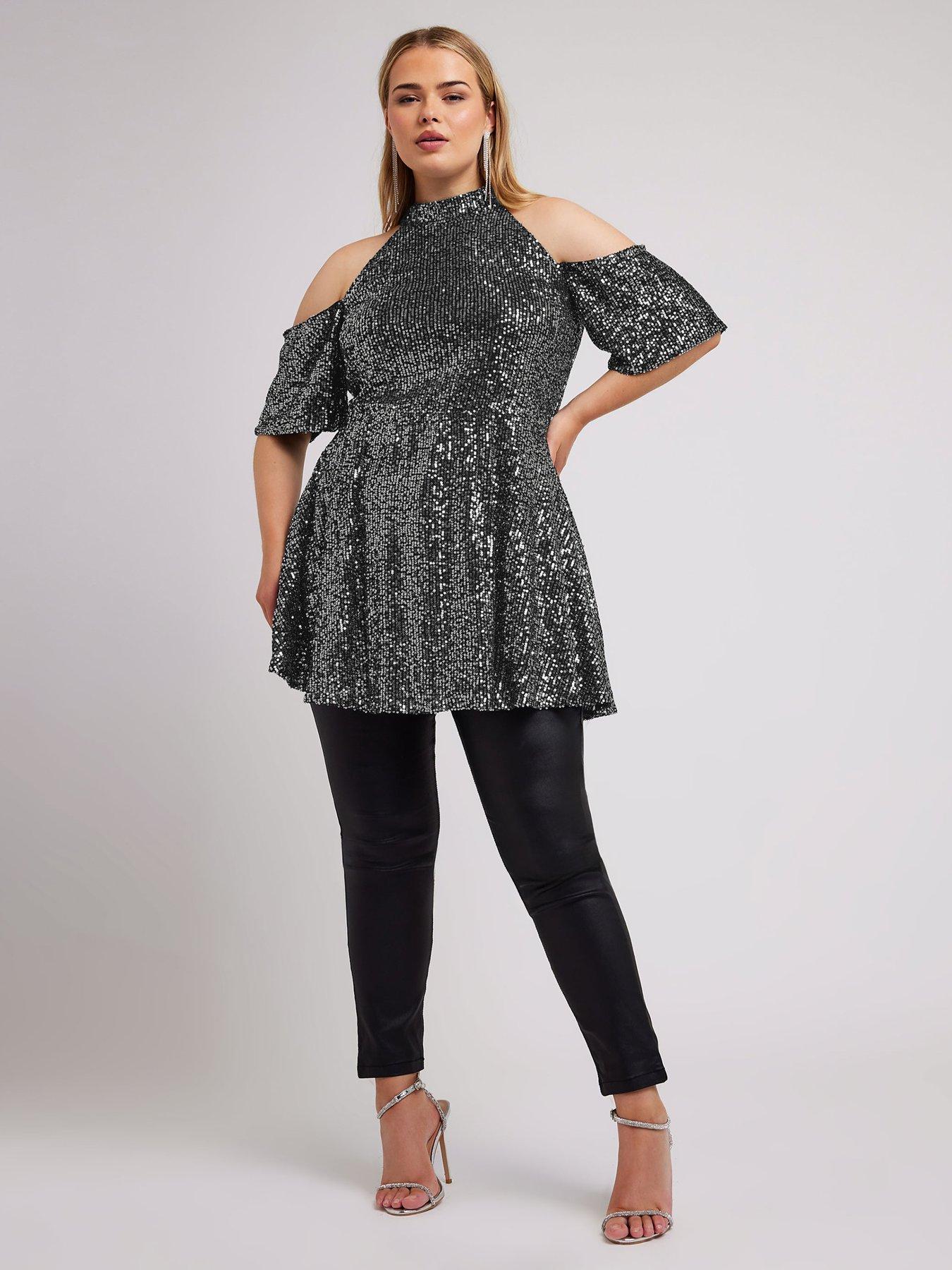 Yours Curve Sequin Choker Cold Shoulder Peplum Top Silver Very