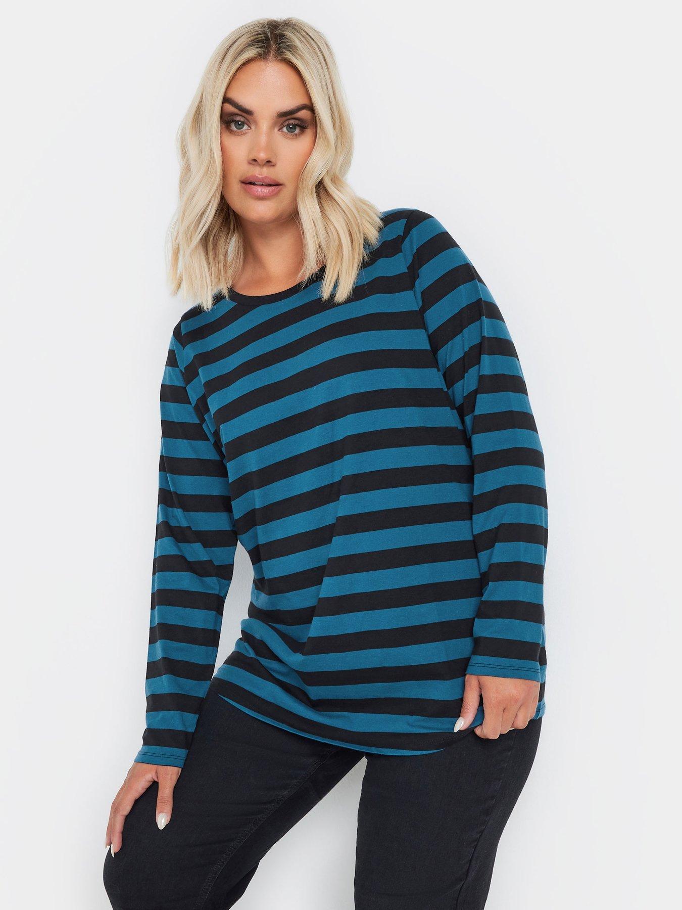 Image 1 of 4 of Yours Curve Long Sleeve Stripe Basic T-Shirt - Green