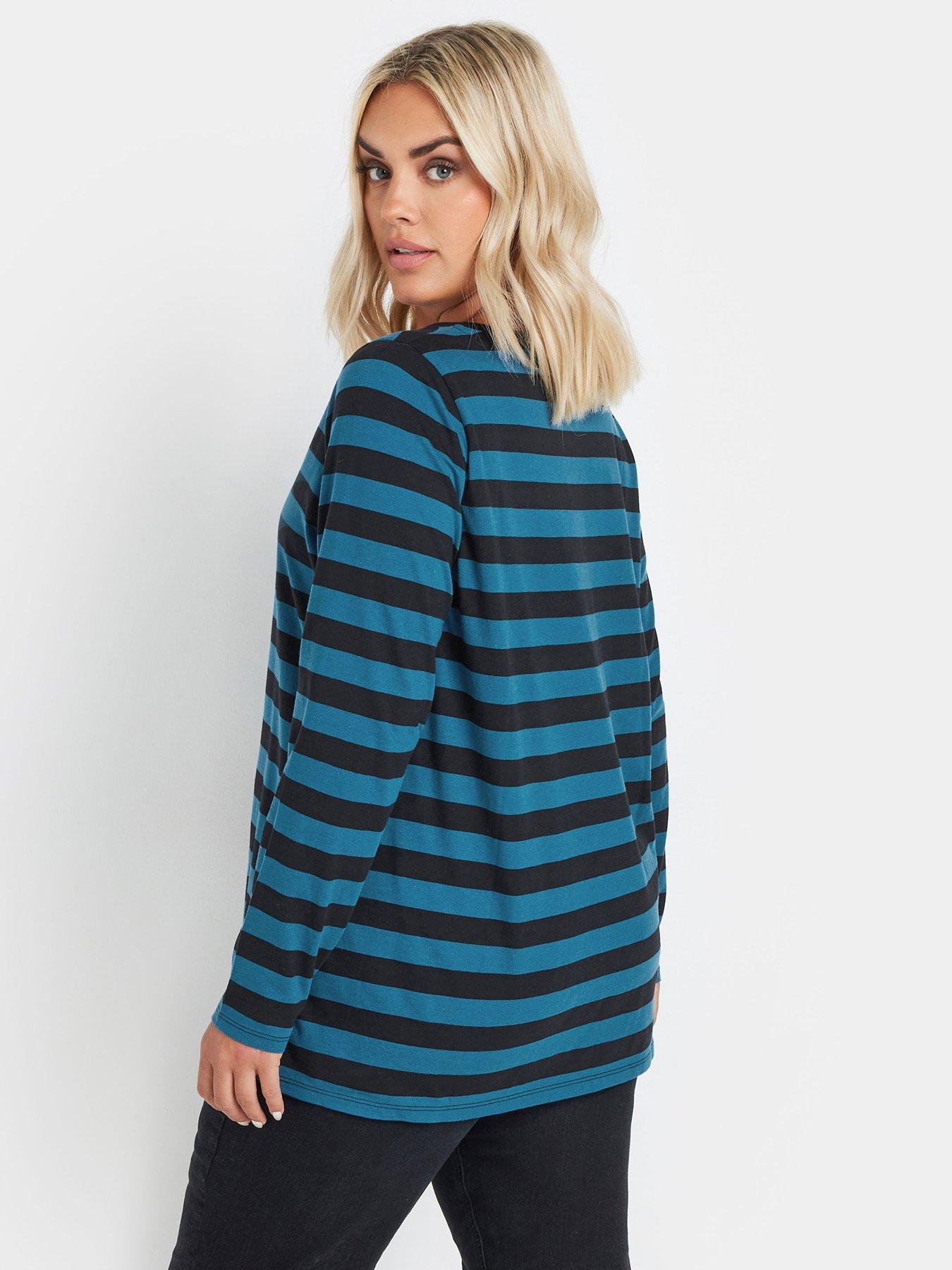 Image 2 of 4 of Yours Curve Long Sleeve Stripe Basic T-Shirt - Green