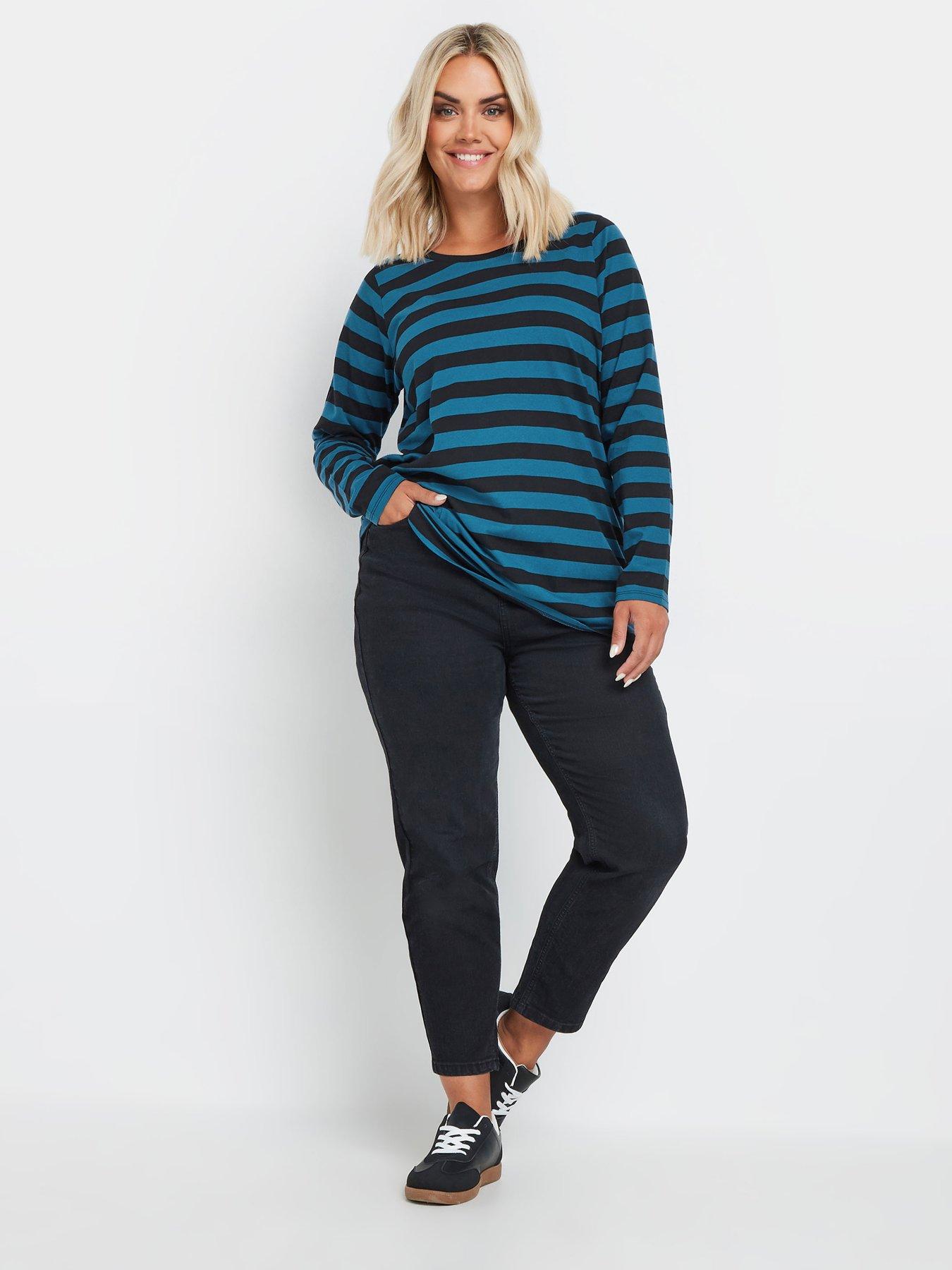 Image 3 of 4 of Yours Curve Long Sleeve Stripe Basic T-Shirt - Green