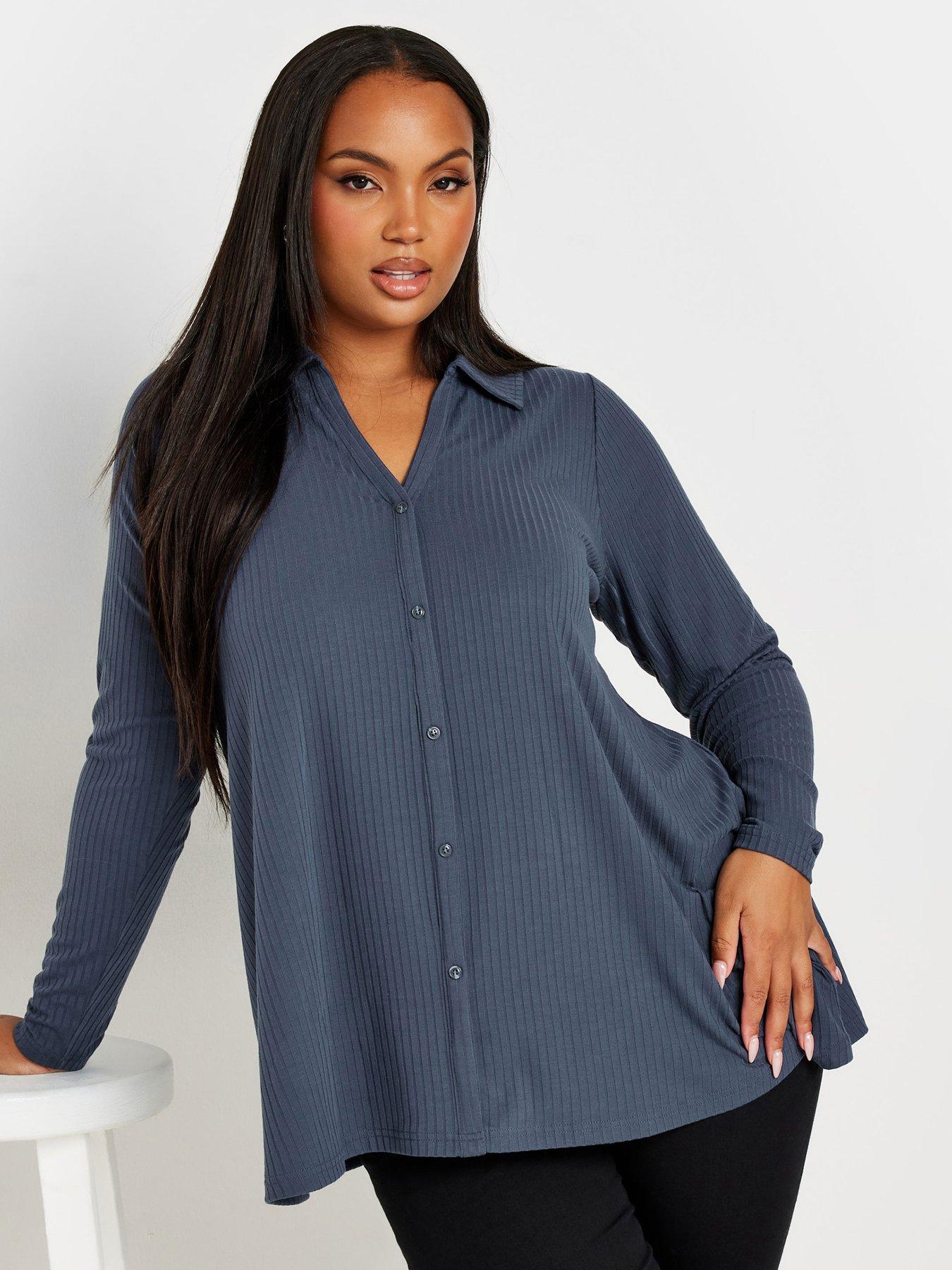 Yours Curve Collar Rib Button Front Top - Grey | Very