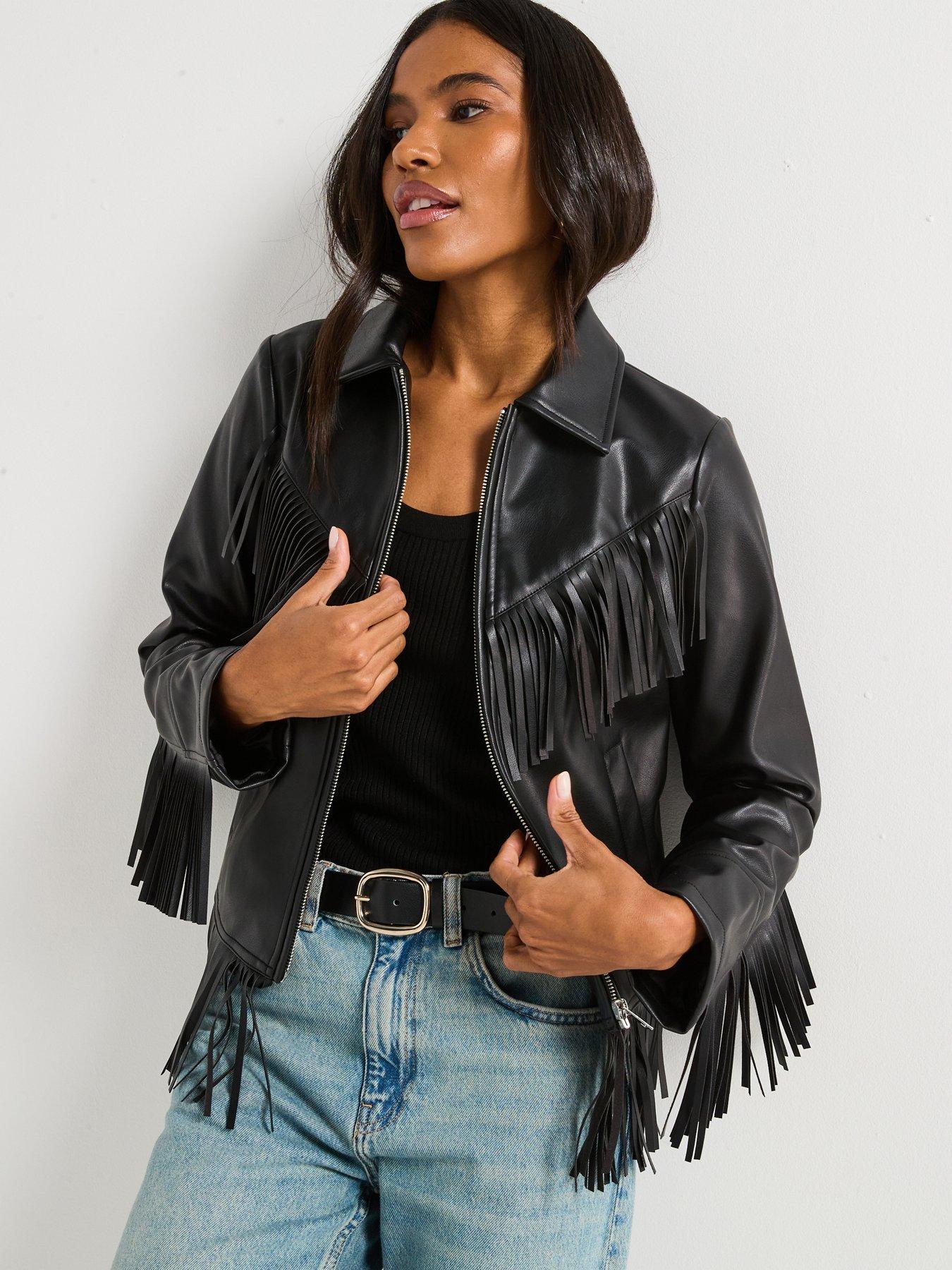 undefined Faux Leather Fringe Biker Jacket - Black