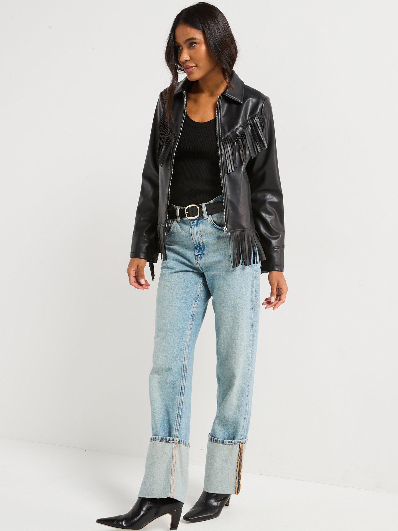 Image 3 of 6 of V by Very Faux Leather Fringe Biker Jacket - Black