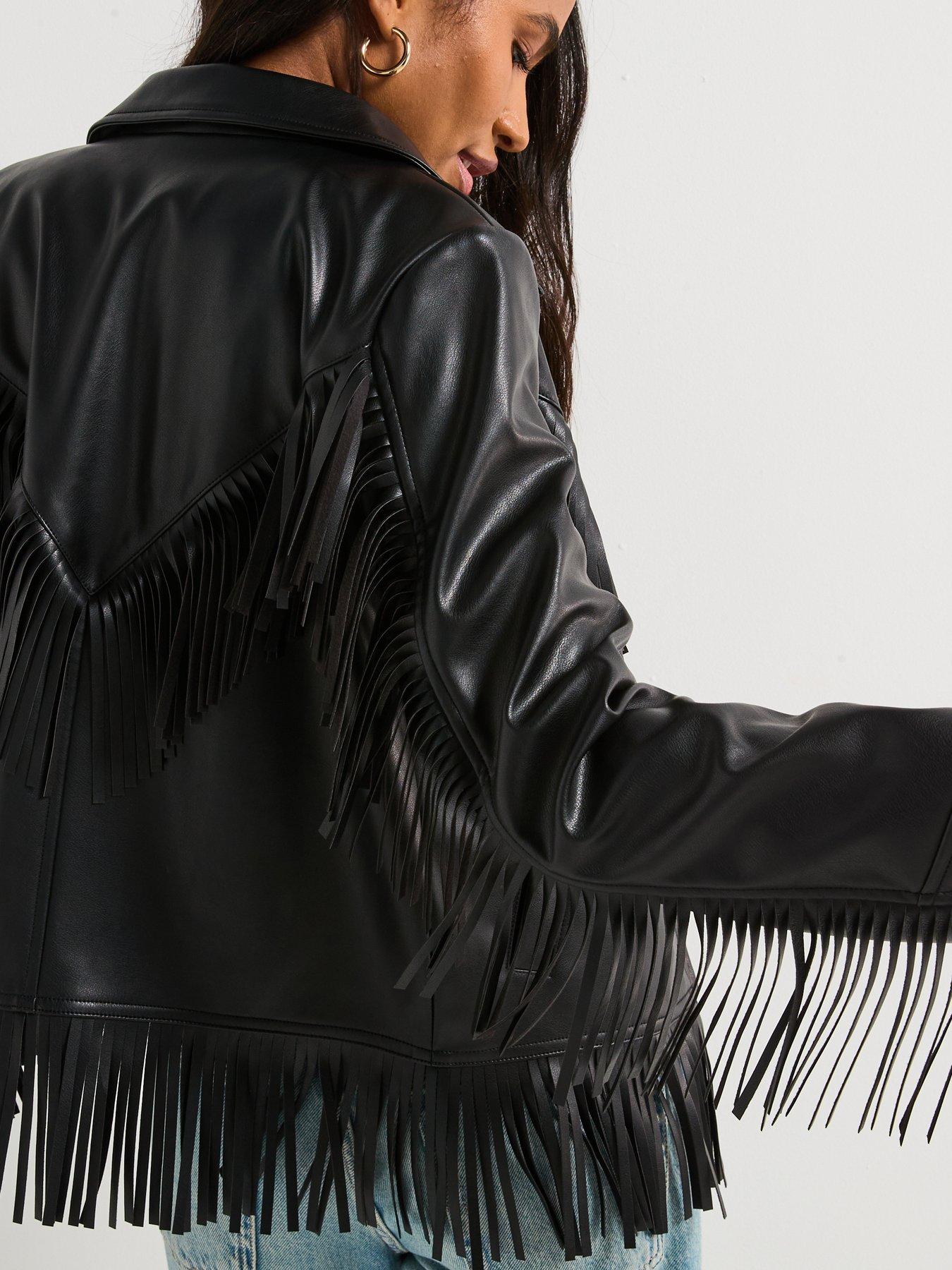 Image 5 of 6 of V by Very Faux Leather Fringe Biker Jacket - Black