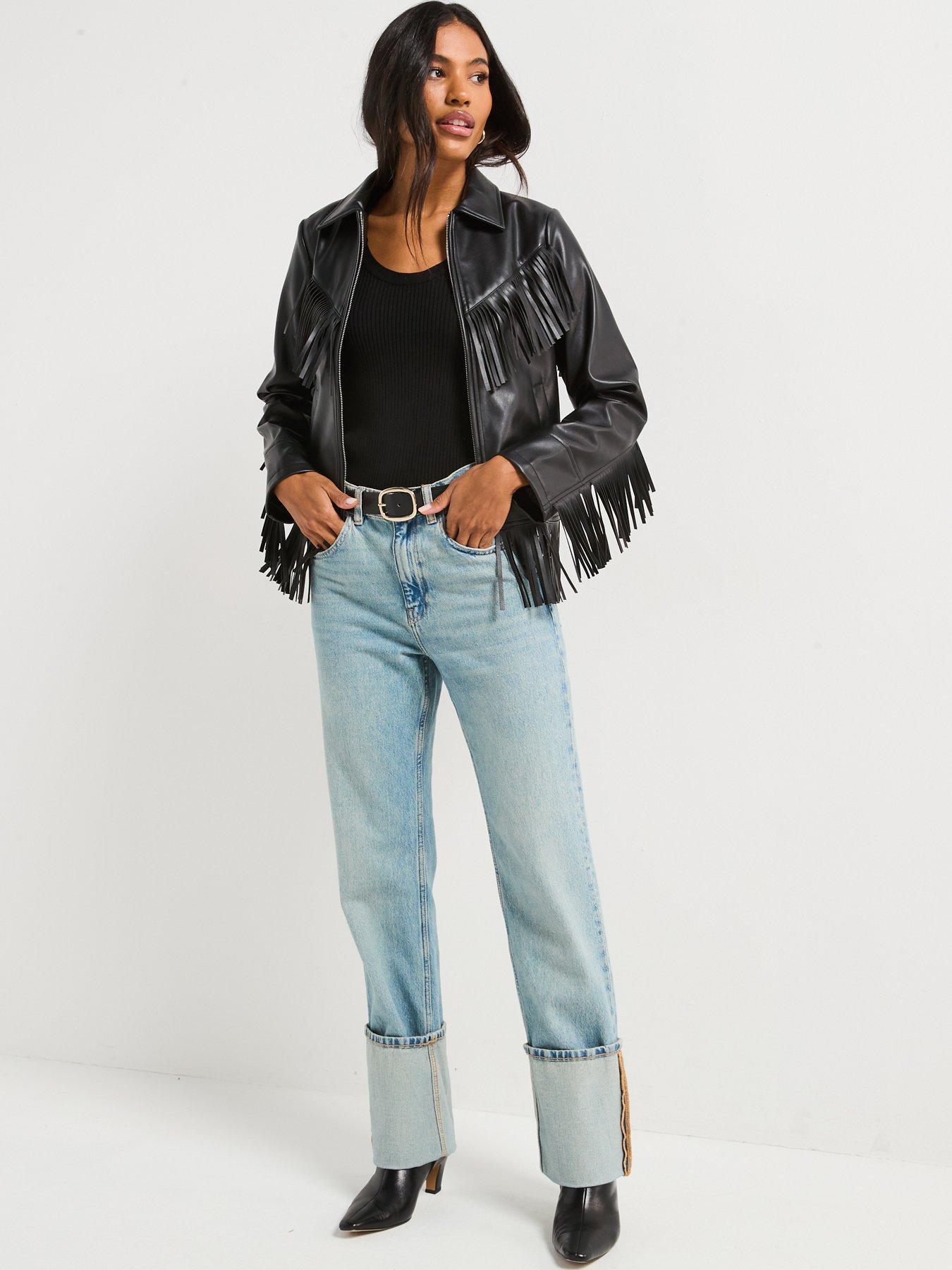 Image 6 of 6 of V by Very Faux Leather Fringe Biker Jacket - Black
