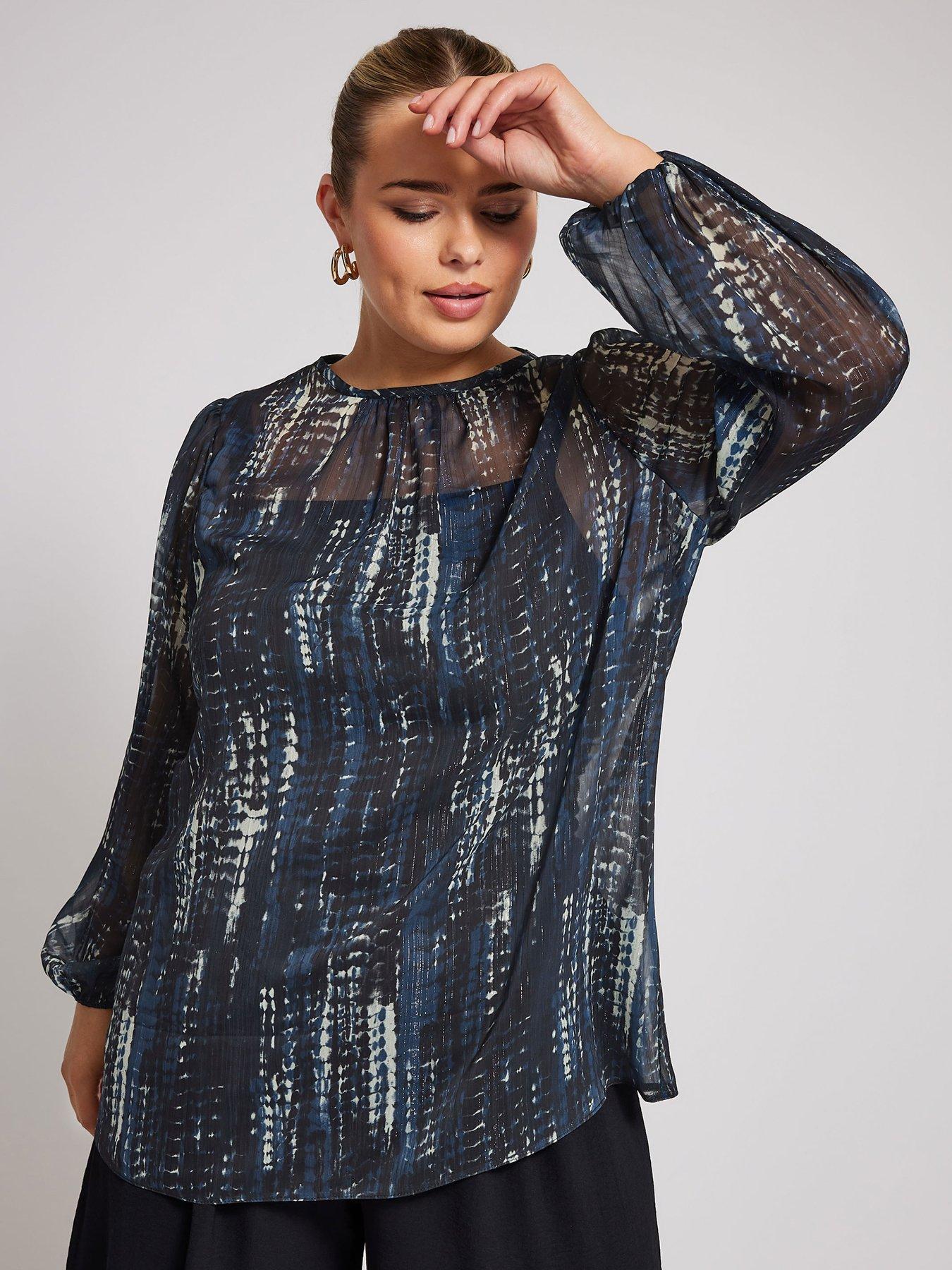 Yours Curve Metallic Bellow Sleeve Blouse - Blue