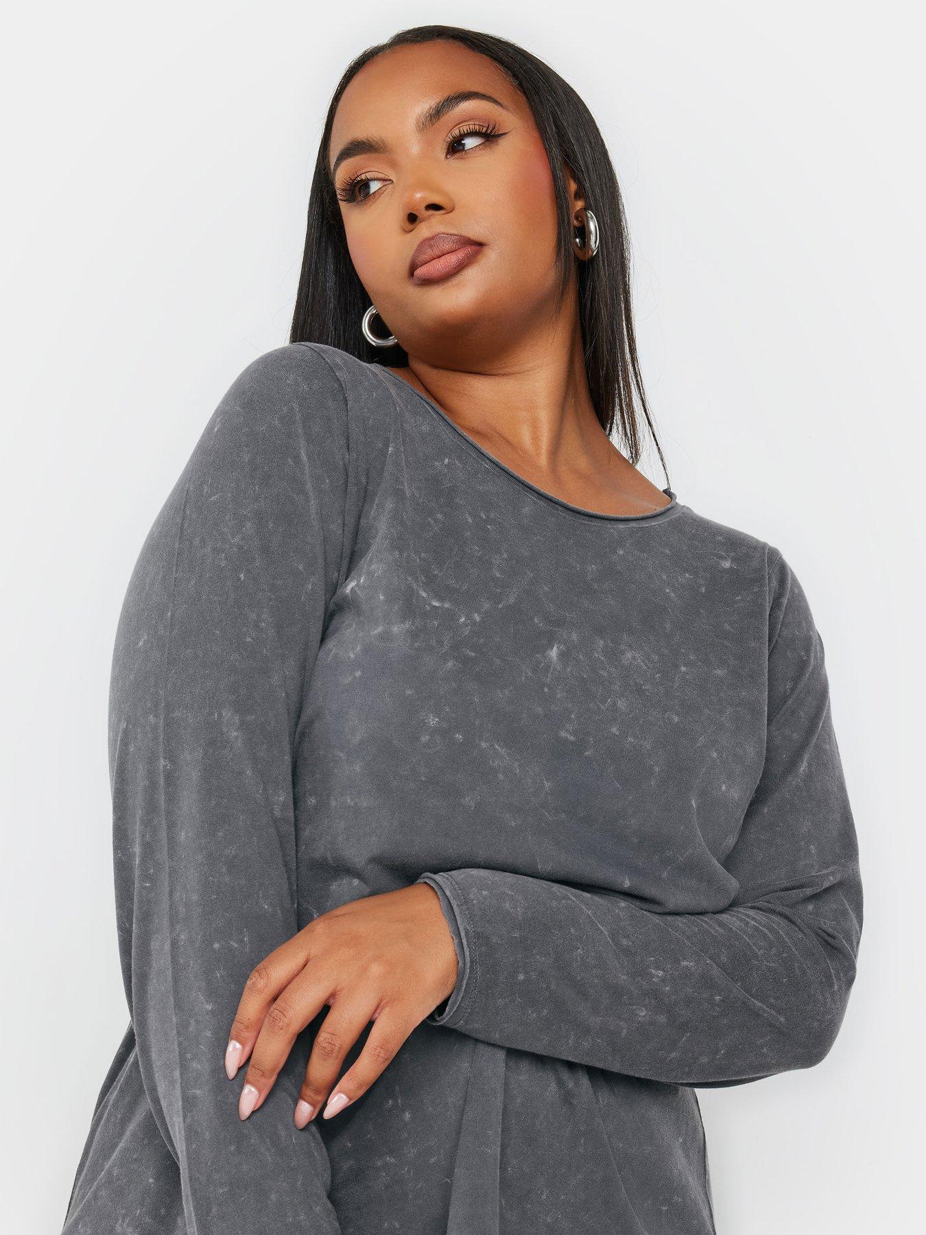  image of yours-curve-log-sleeve-acid-wash-t-shirt-grey