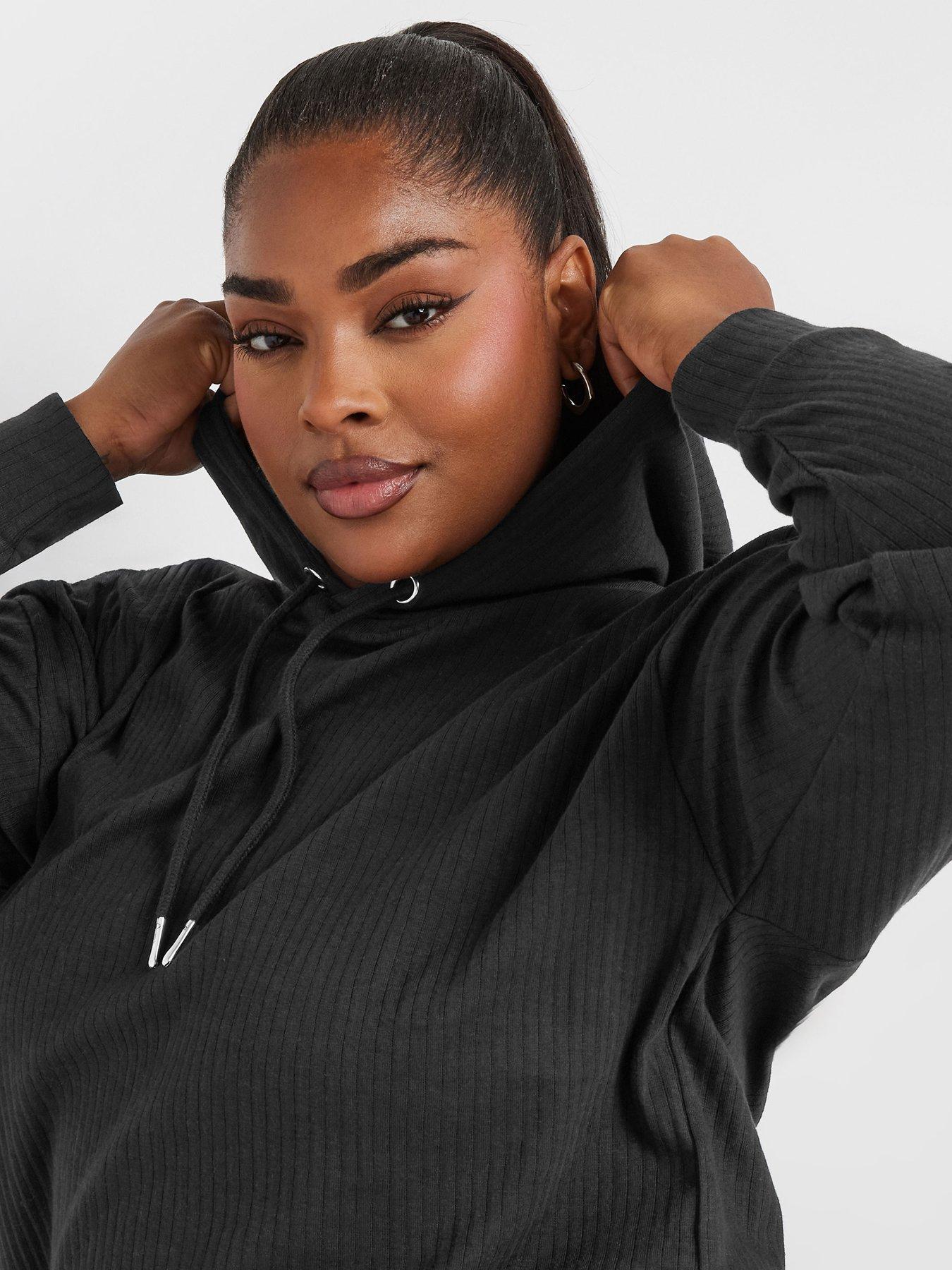 Yours Curve Ribbed Hoodie Black Very