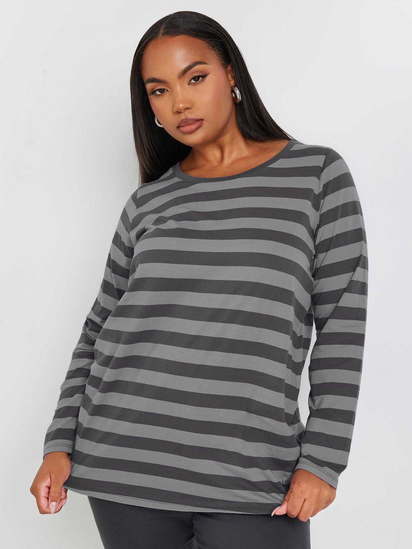 undefined Curve Long Sleeve Stripe Basic T-Shirt - Grey