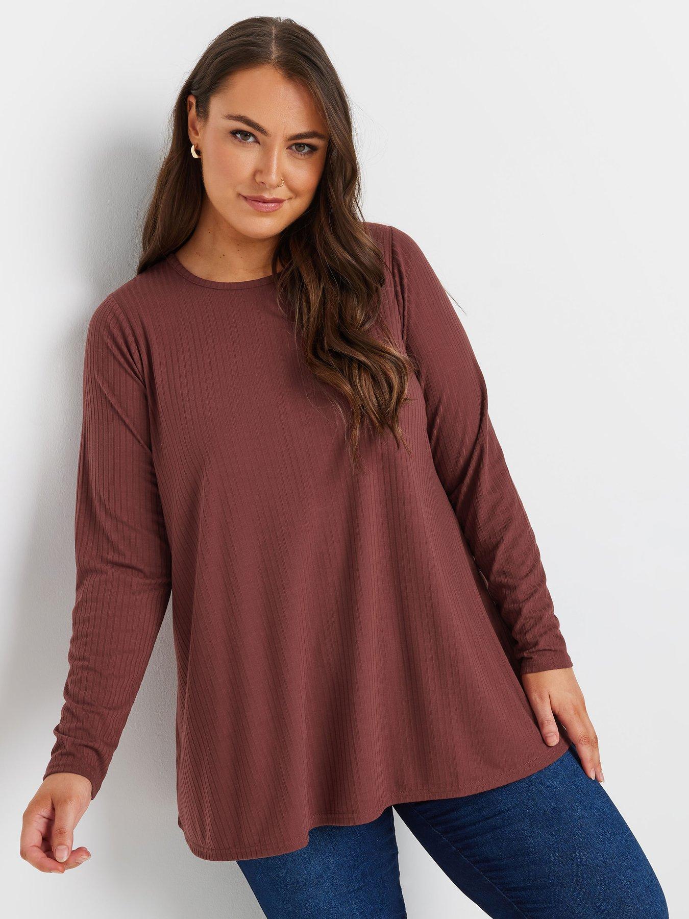 undefined Curve Long Sleeve Rib Swing T-shirt - Brown