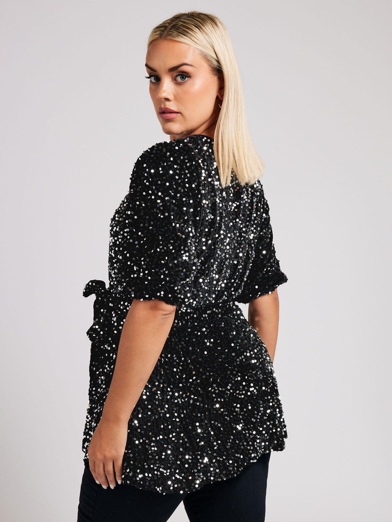 Yours Curve Sequin Velvet Peplum Top Silver Very