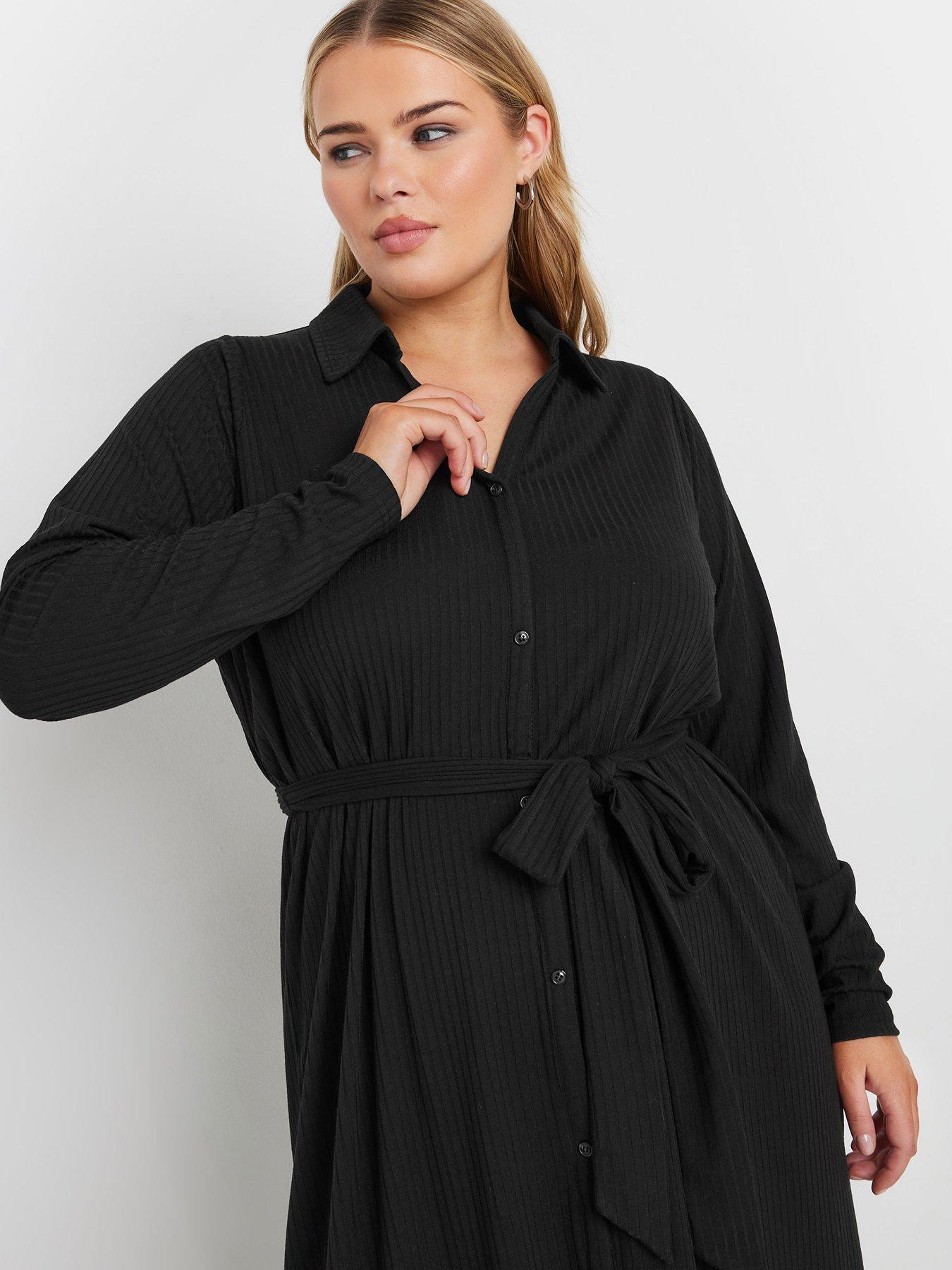 Yours Curve Rib Button Front Aline Dress - Black | Very