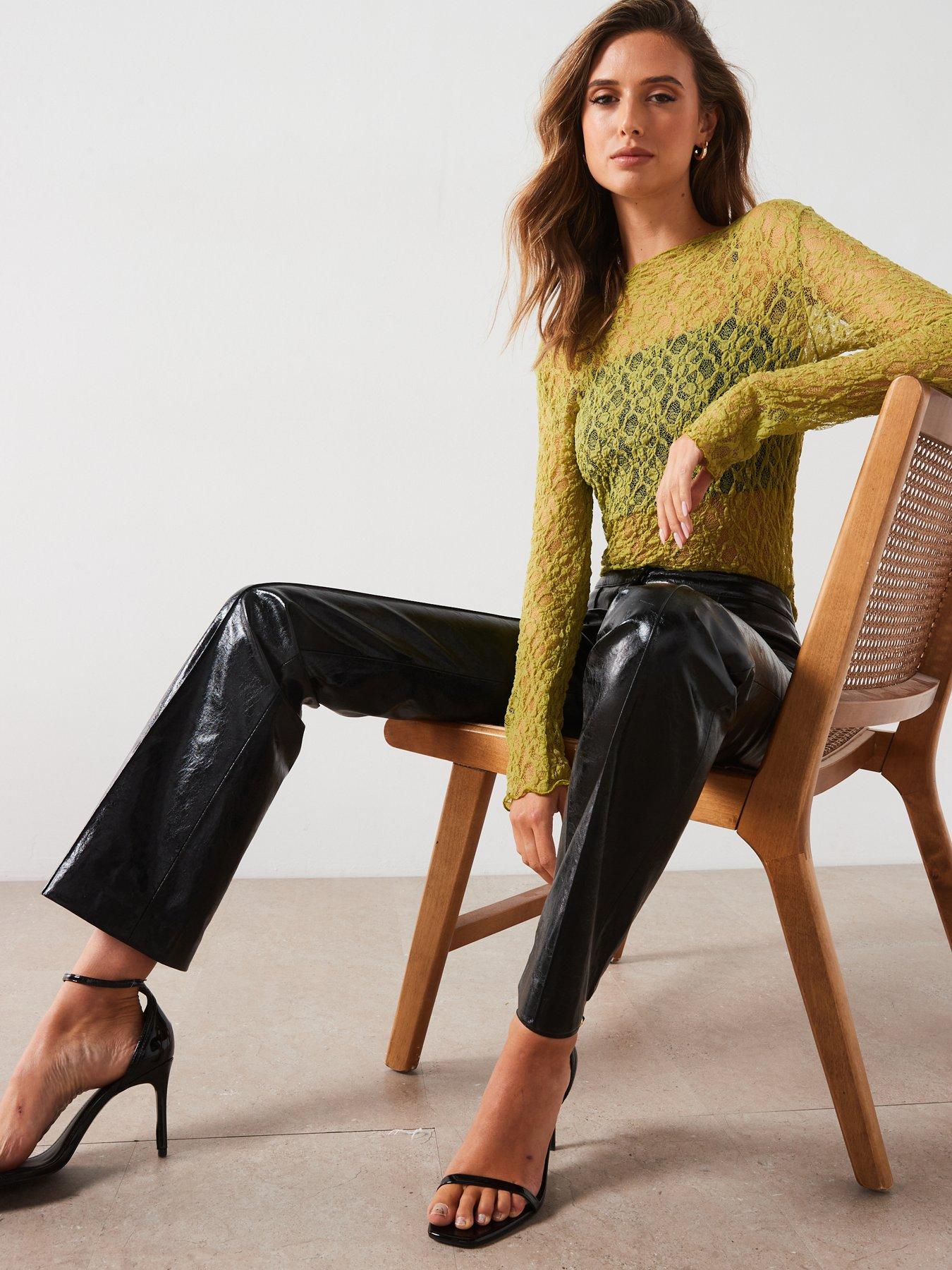 Image 4 of 6 of Mango Leather-Effect Trousers - Black