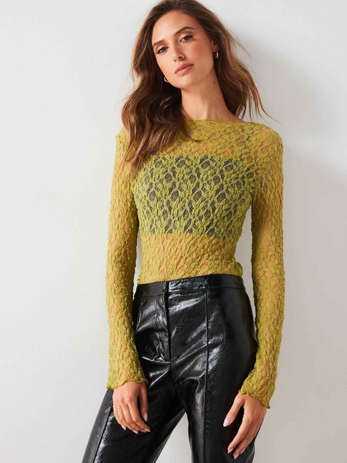 Image 1 of 6 of Mango Long Sleeved Lace Top - Green