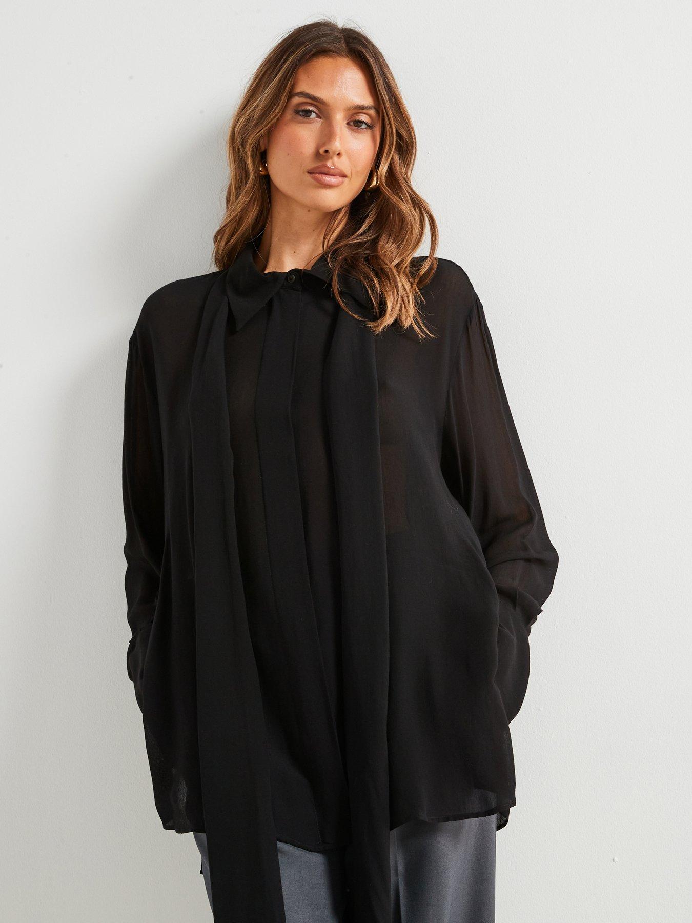 undefined Premium Chiffon Tie Neck Shirt - Black