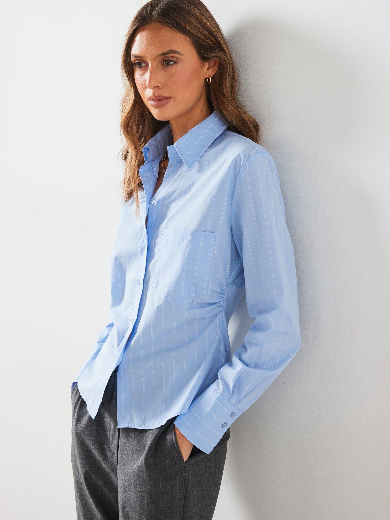 undefined Gathered Details Cotton Shirt - Blue