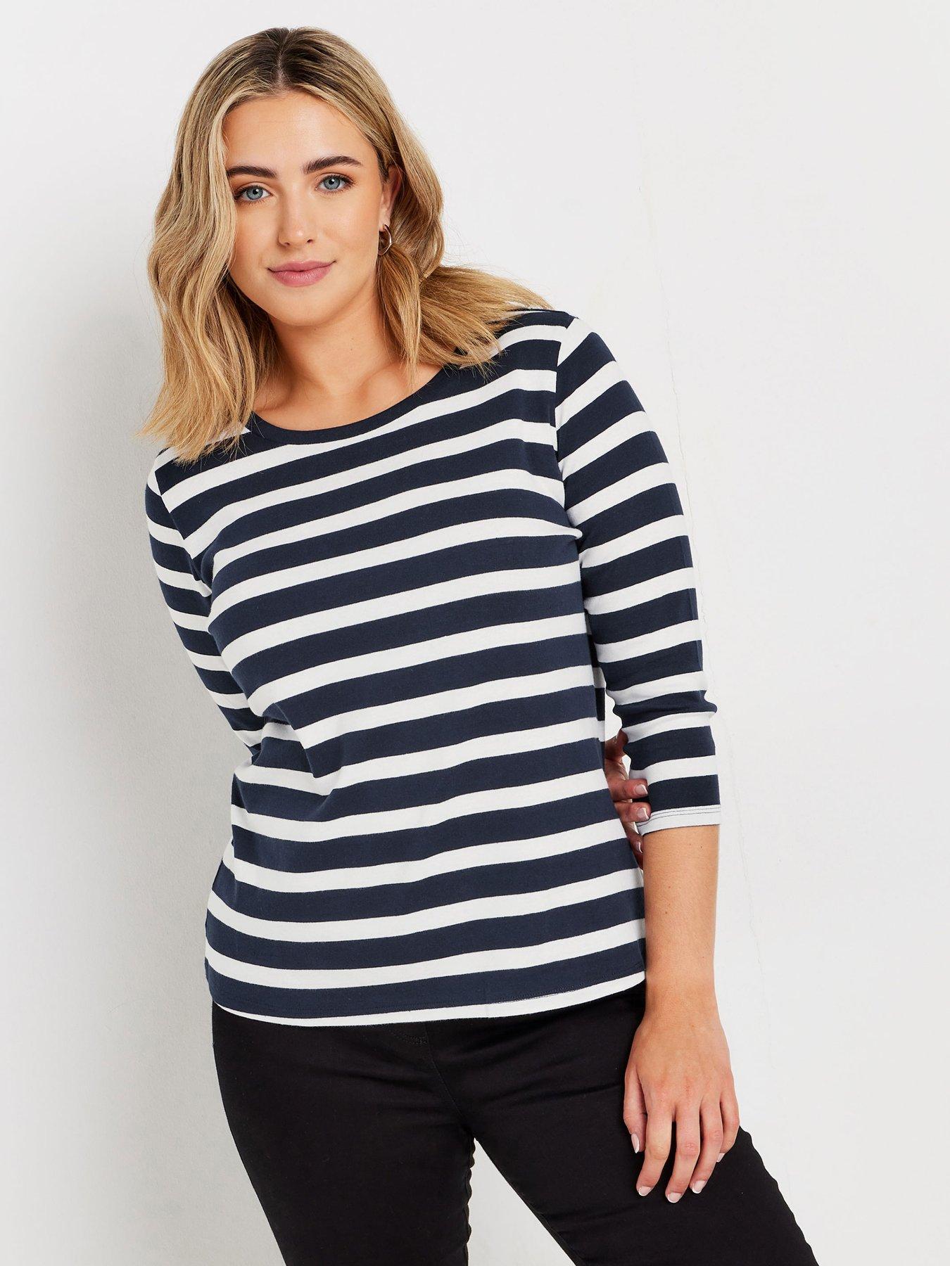 undefined Stripe 3/4 Sleeve Crew Neck T-shirt - Blue