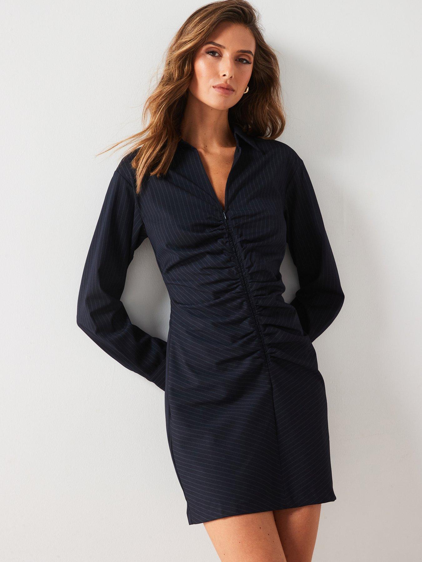 Mango Pinstripe Zip Front Mini Dress Navy