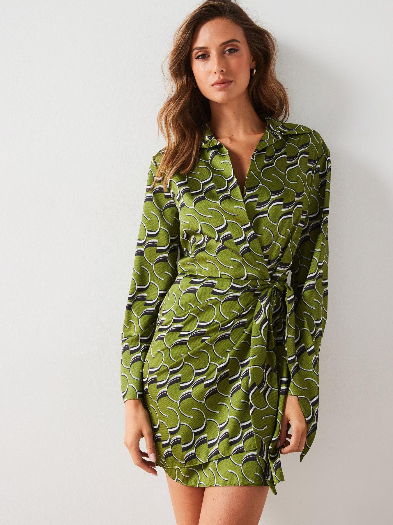 Mango Satin Wrap Dress - Green | Very
