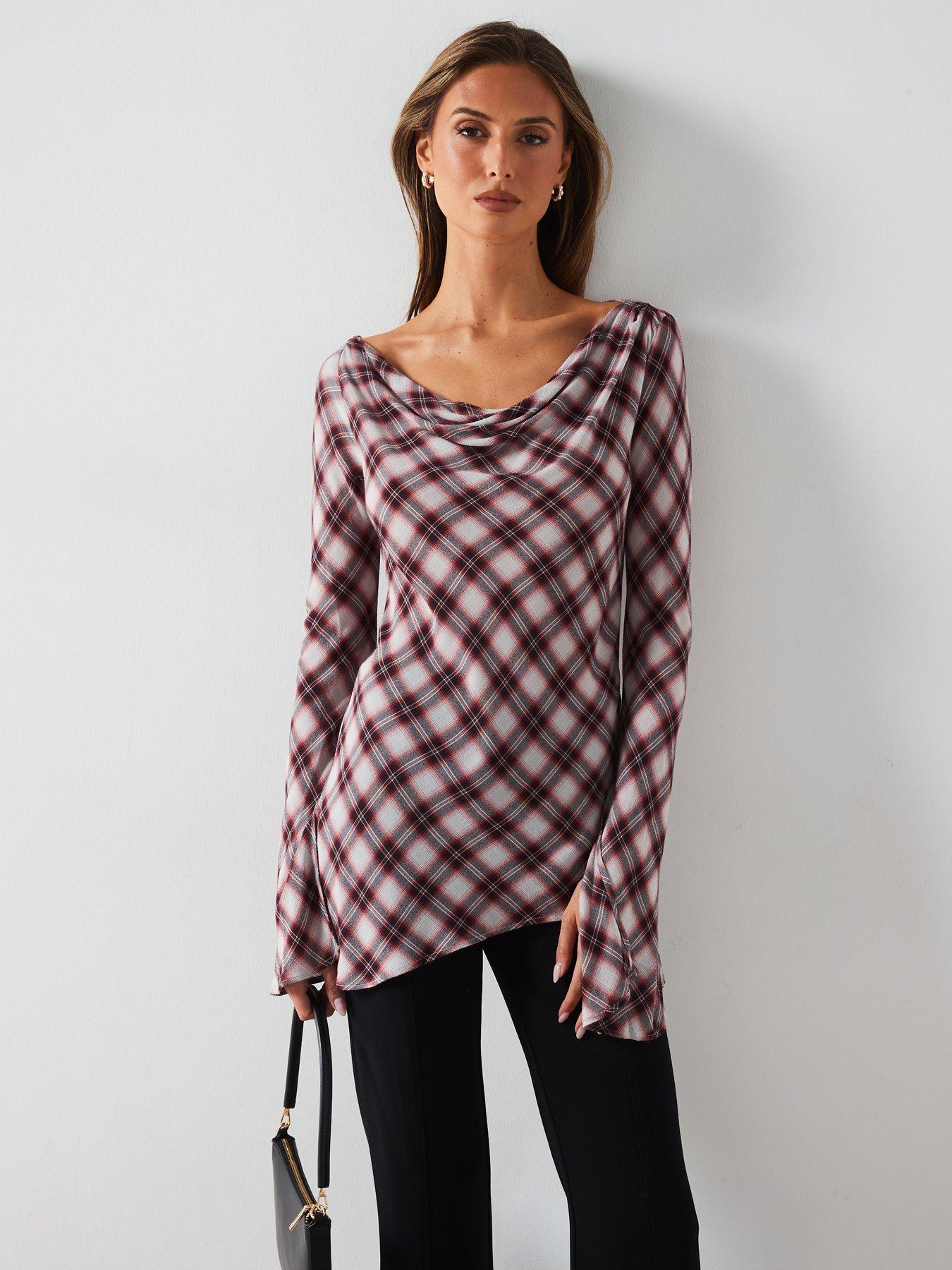 undefined Asymmetric Neck Check Blouse - Grey