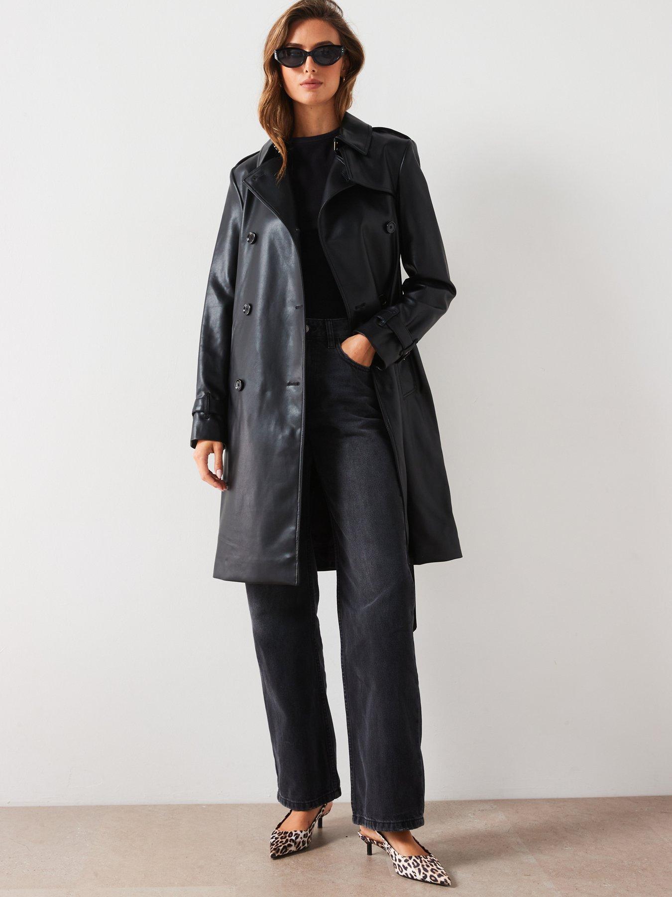 Image 3 of 6 of Mango Leather-Effect Trench Coat - Black