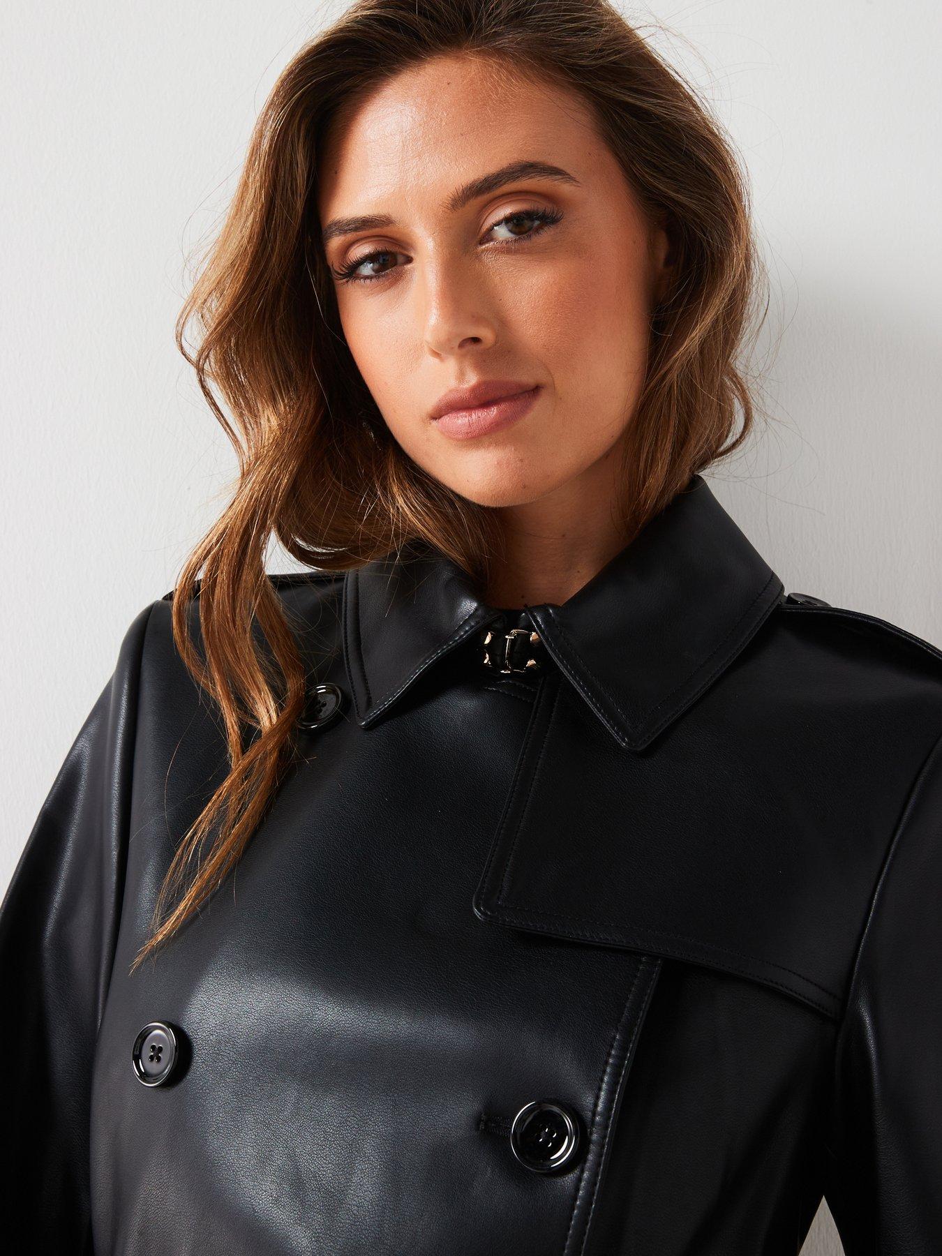 Image 4 of 6 of Mango Leather-Effect Trench Coat - Black