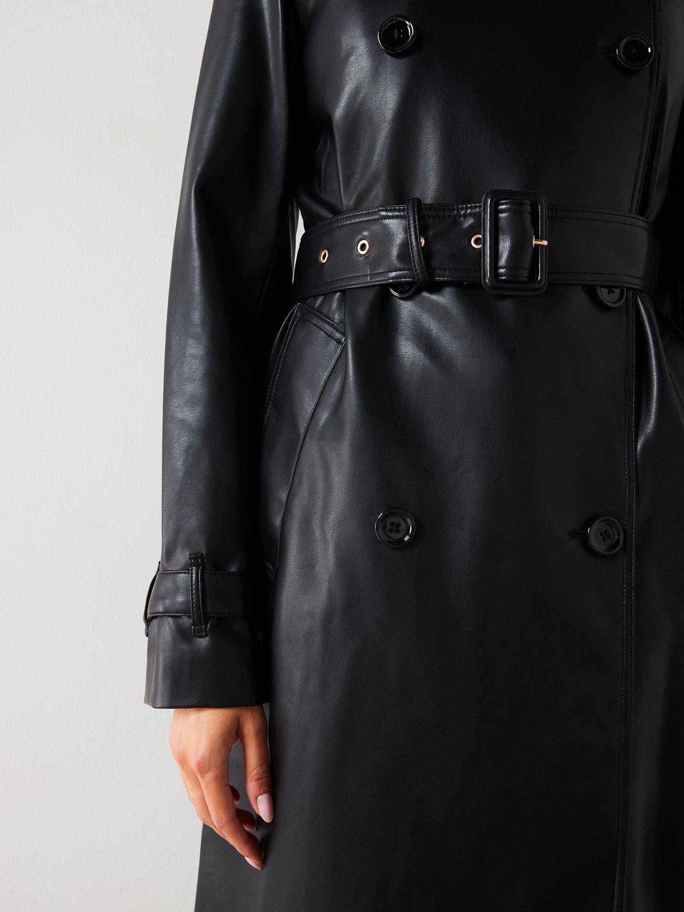 Image 6 of 6 of Mango Leather-Effect Trench Coat - Black