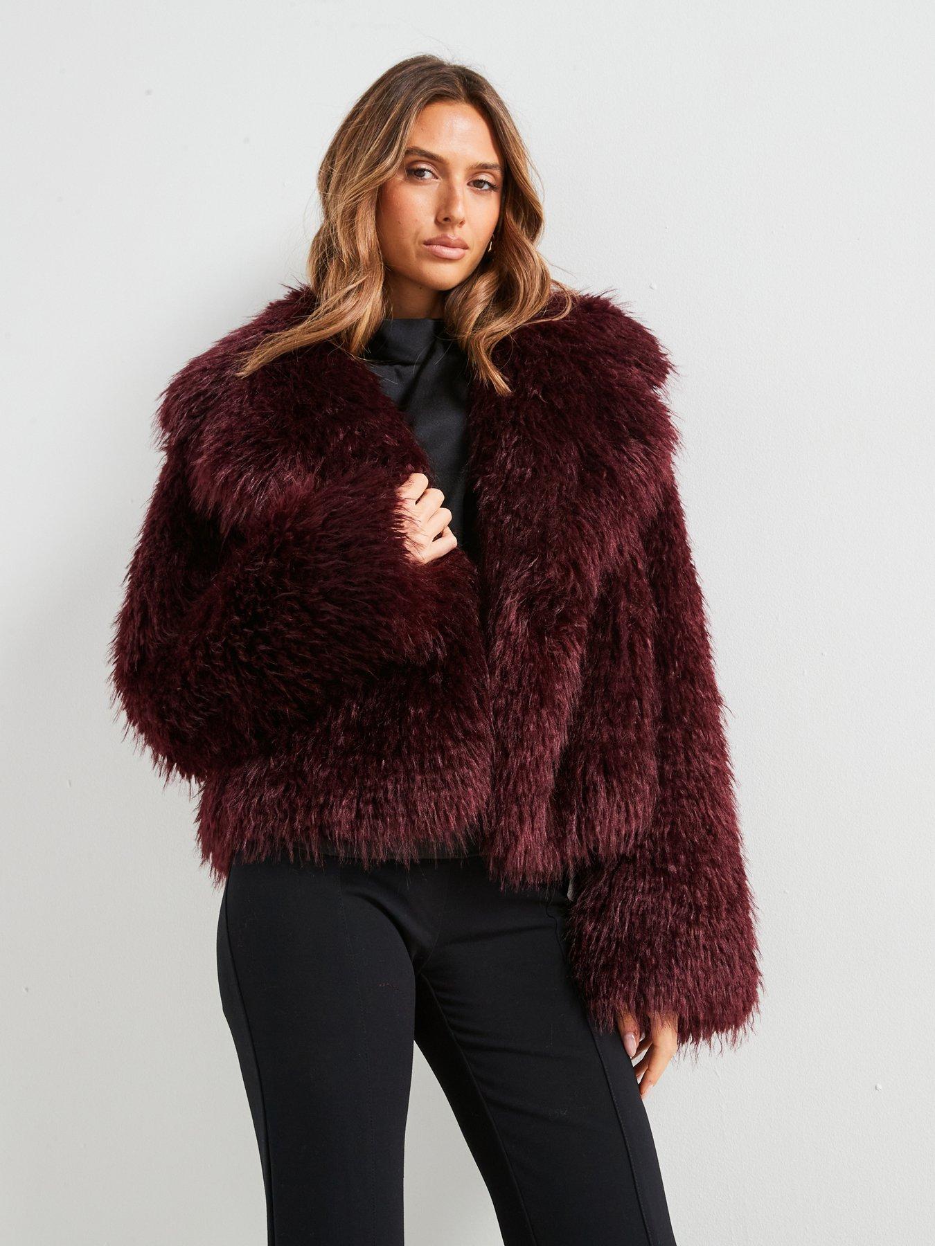 Mango cheapest Chilly Faux Fur Long Coat Womens XS Burgundy Teddy Jacket Winter