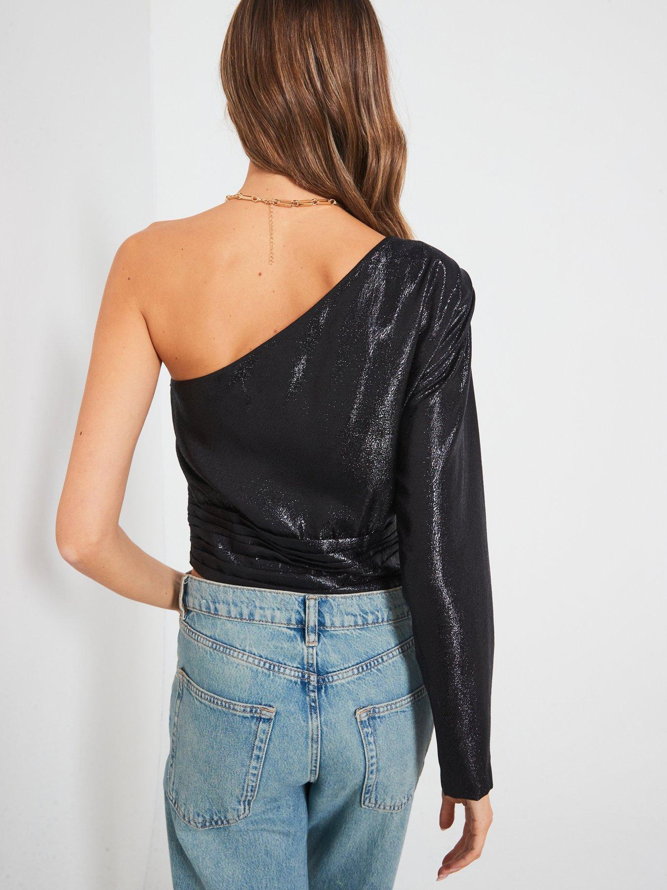 Image 2 of 5 of Mango One Shoulder Shimmer Blouse - Black