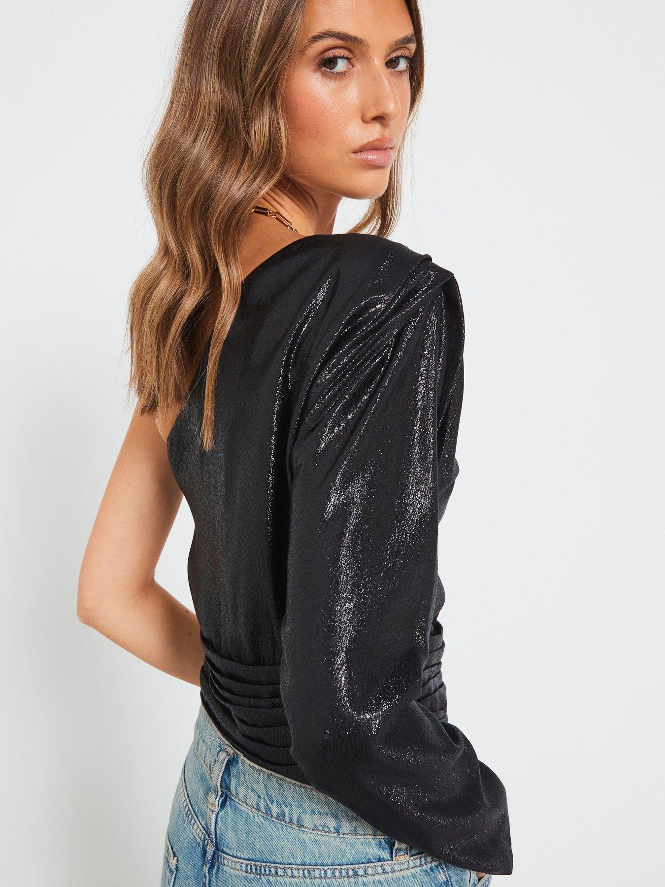 Image 4 of 5 of Mango One Shoulder Shimmer Blouse - Black