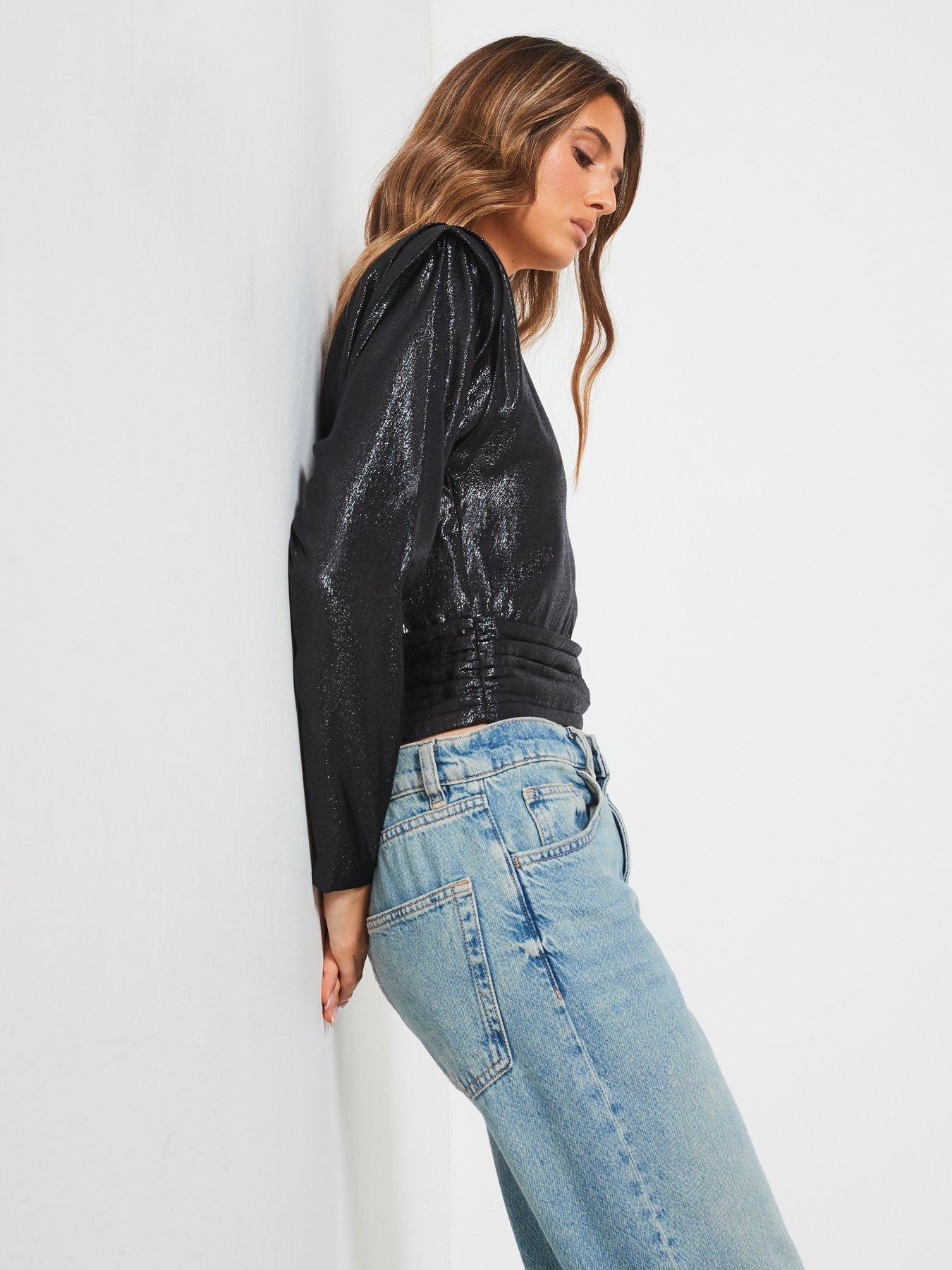 Image 5 of 5 of Mango One Shoulder Shimmer Blouse - Black
