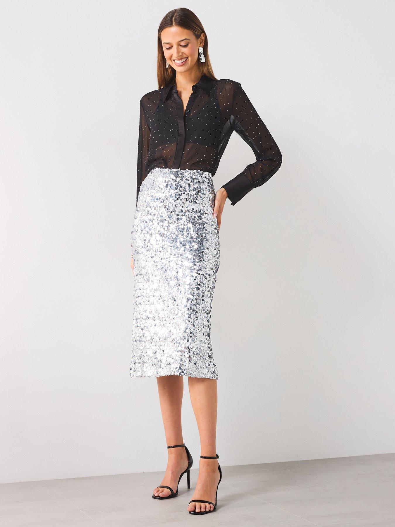 Mango Silver Sequin Skirt Grey Very